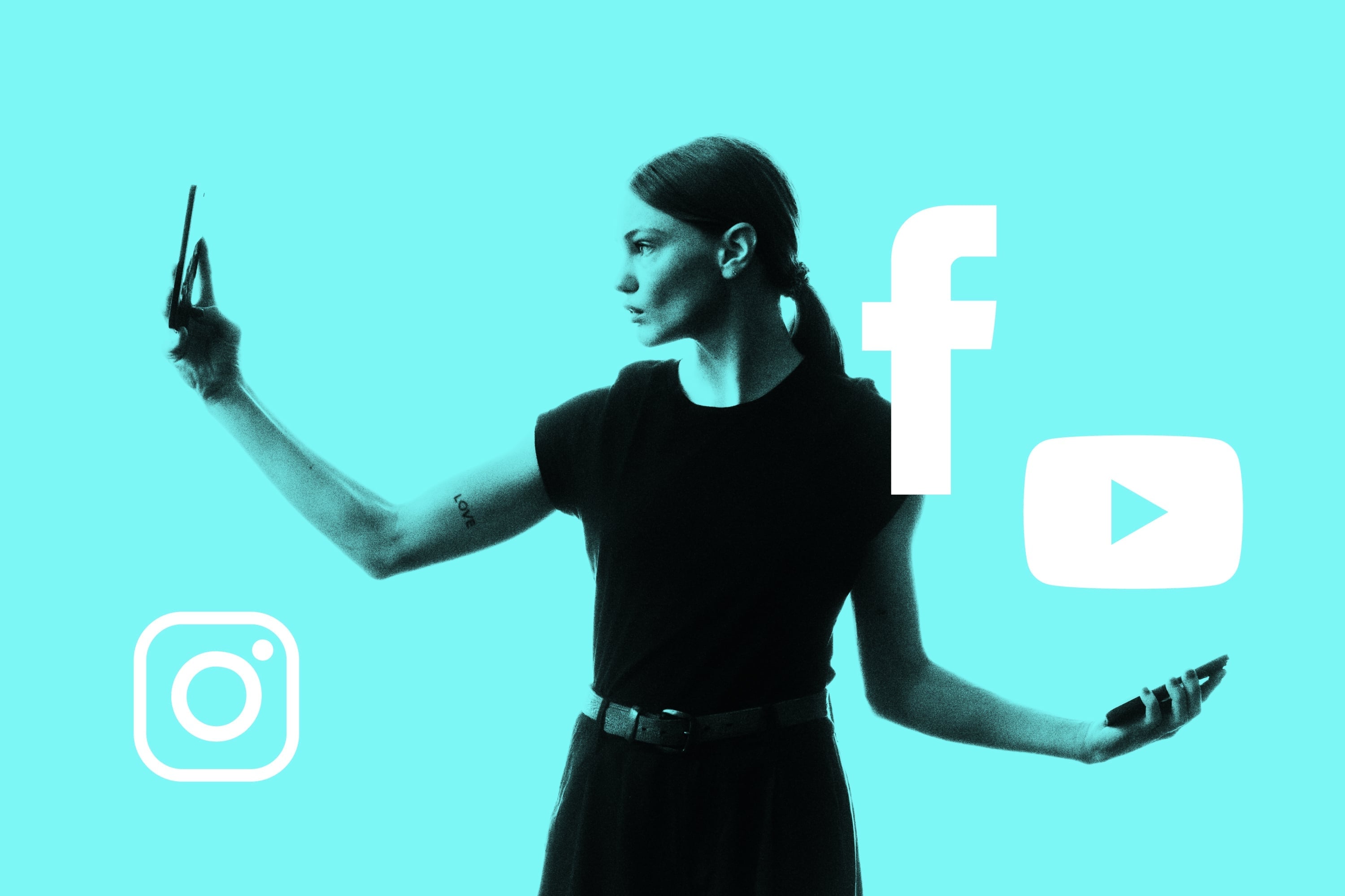 woman holding phones surrounded by social media icons teal