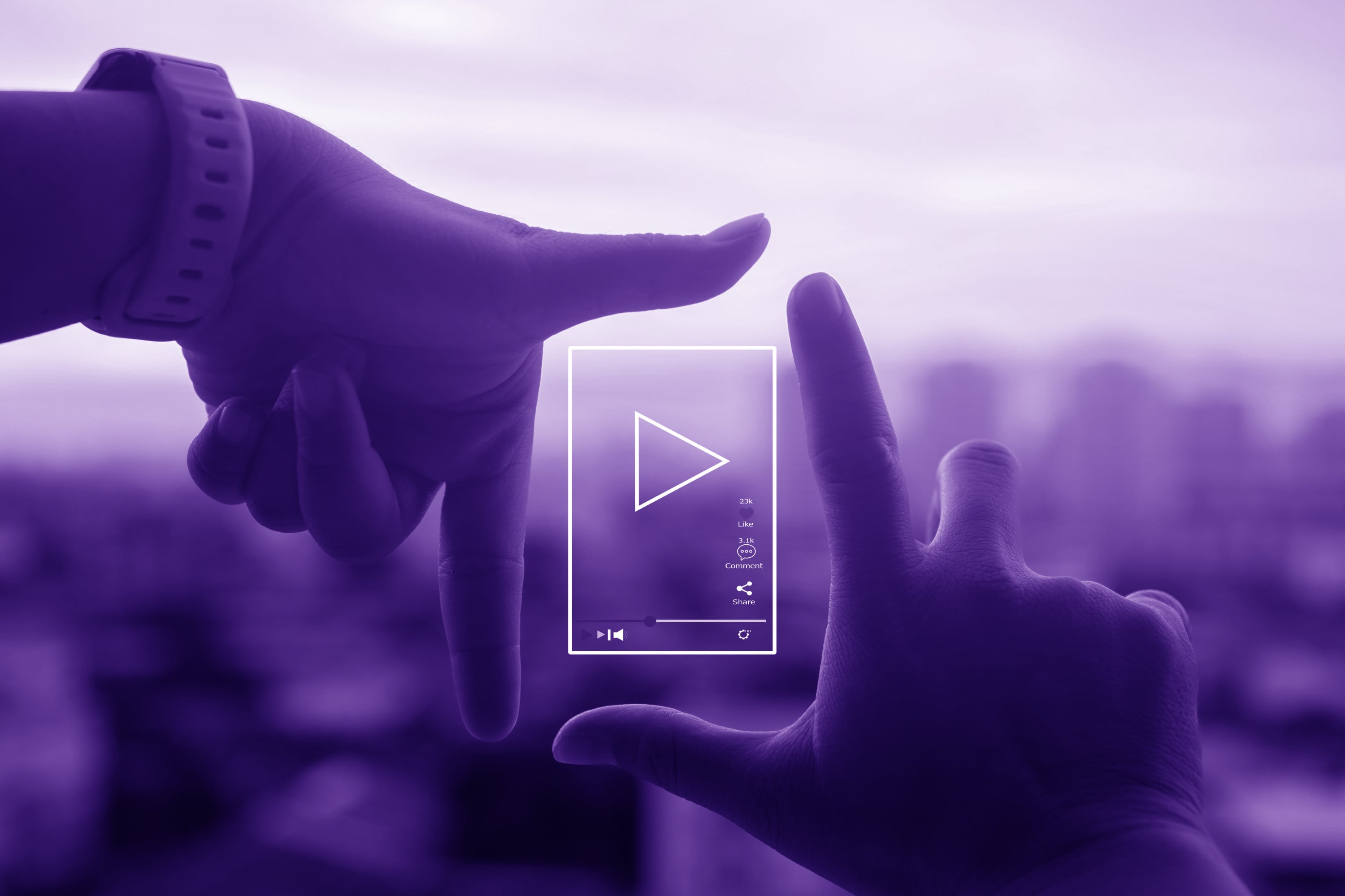 hands framing social media video player interface overlay purple