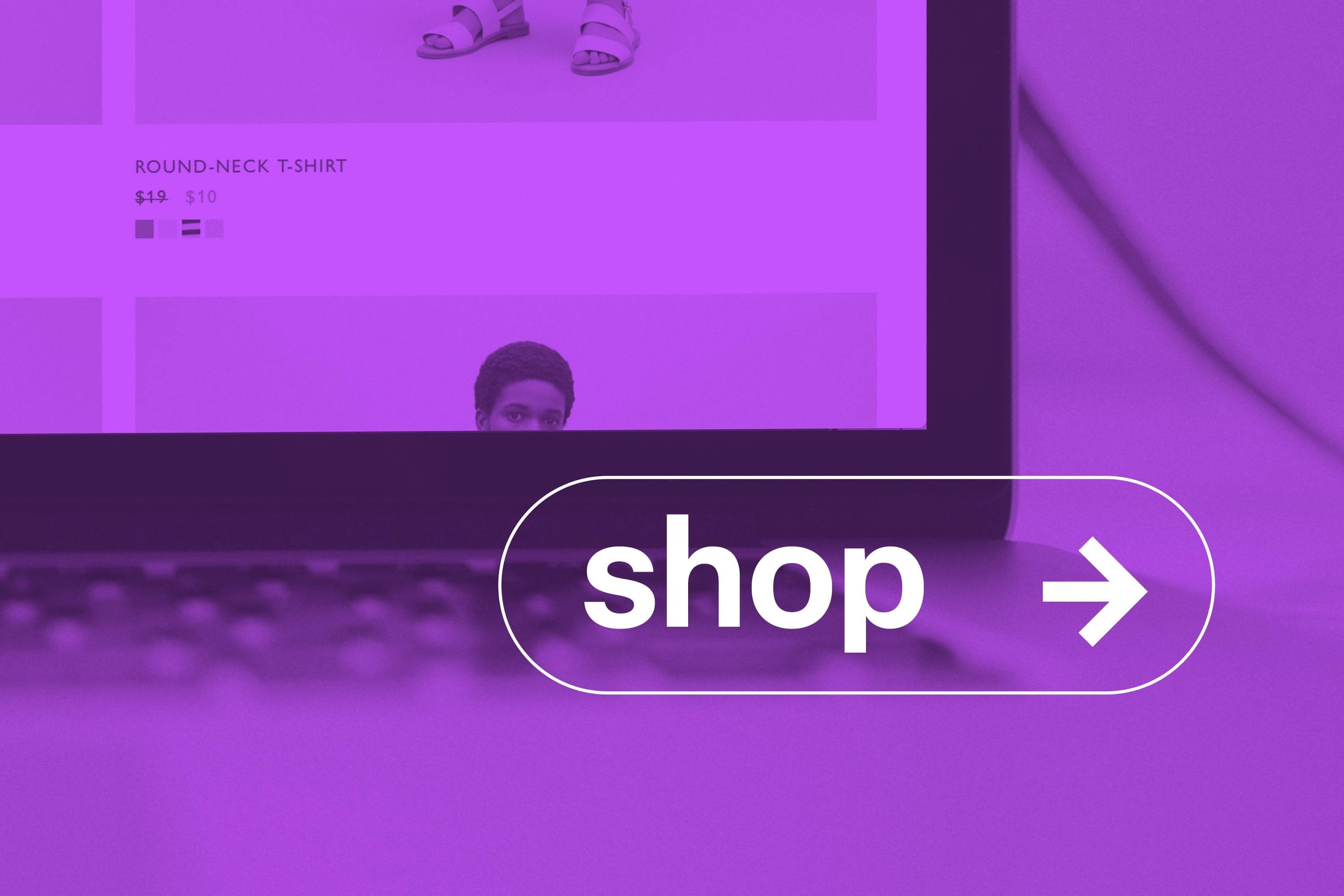 laptop showing fashion ecommerce product page with shop button purple toned