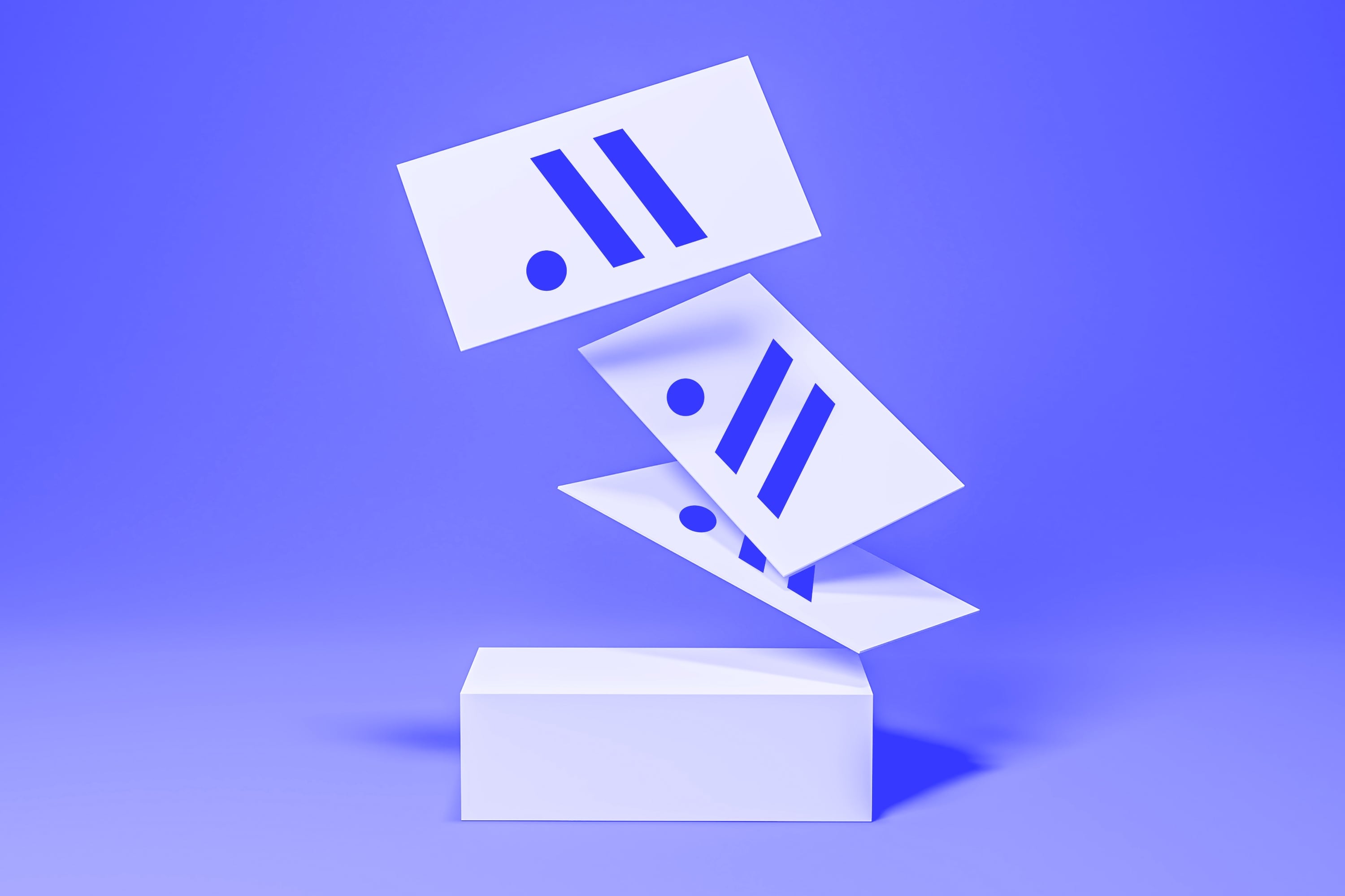 abstract white cards with geometric graphic design mark on blue periwinkle background