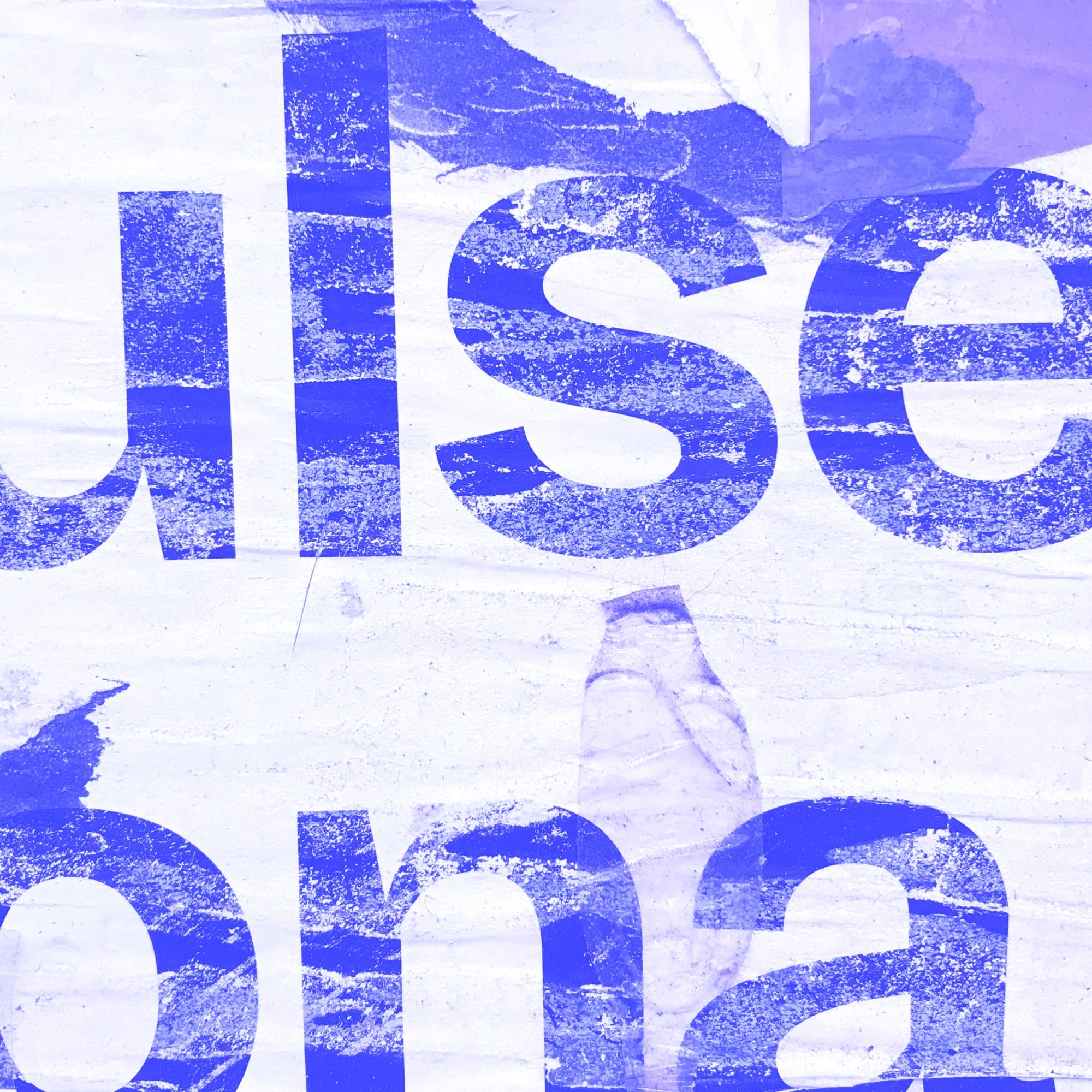 blue screen print style distressed graphic design text on white paper