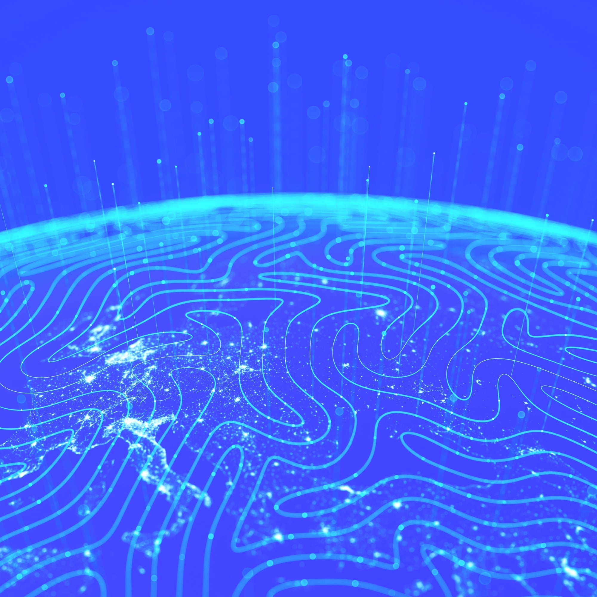 digital globe showing circuit board map with data streams blue global network