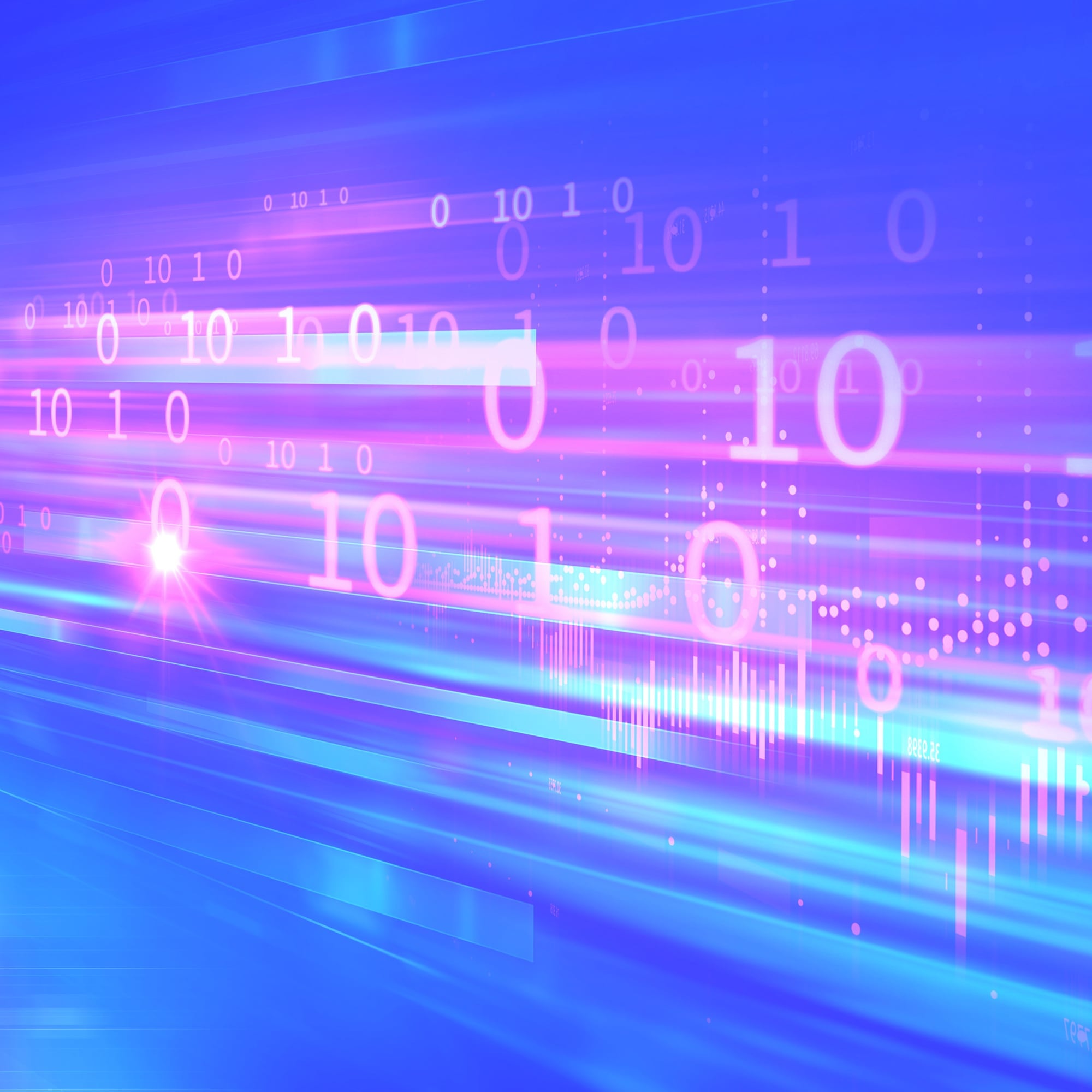 binary code data stream with glowing numbers blue pink background digital