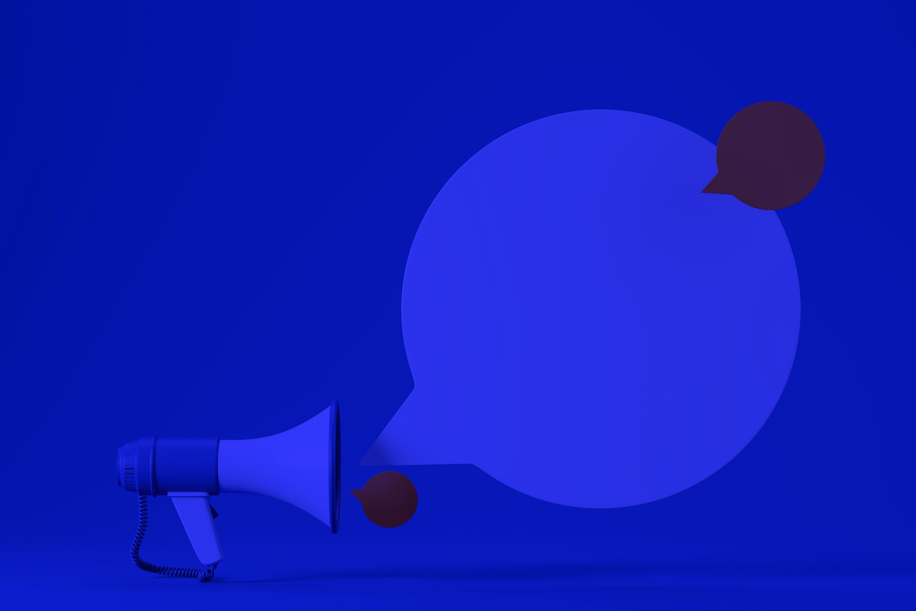 3d megaphone with speech bubbles on dark blue background support communication