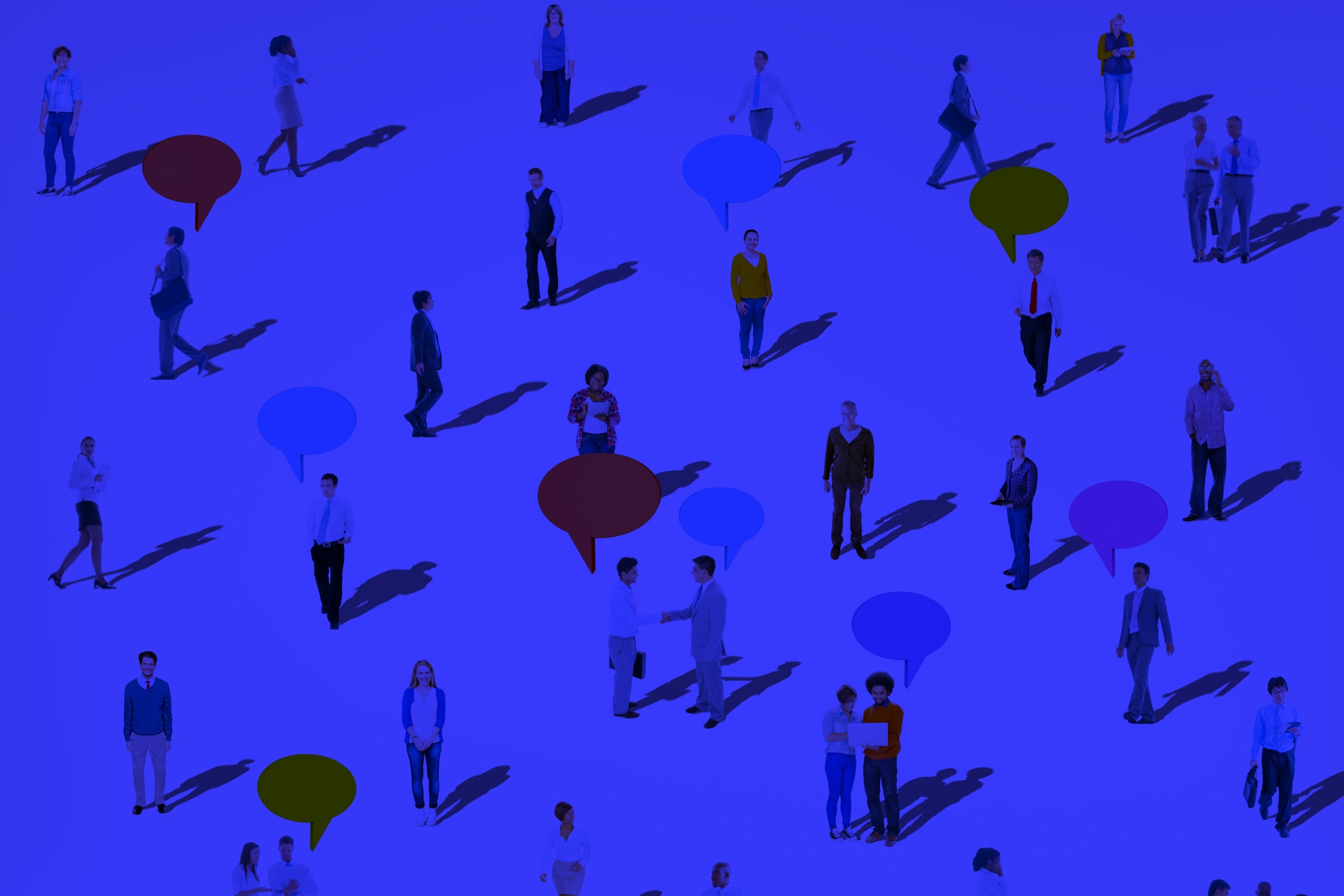 diverse group of illustrated people with speech bubbles blue background community