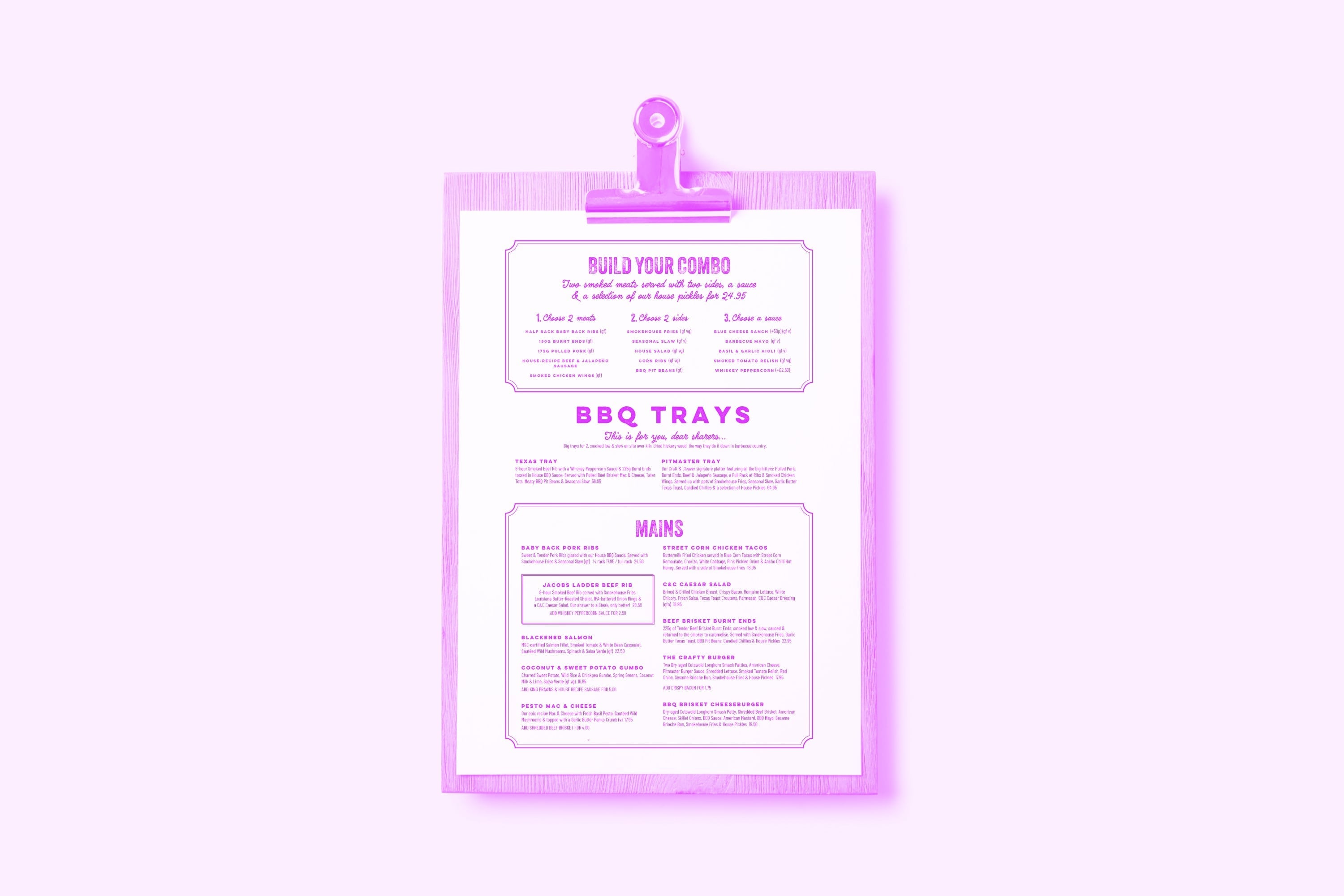 bbq restaurant menu on clipboard showing build your combo bbq trays mains pink purple