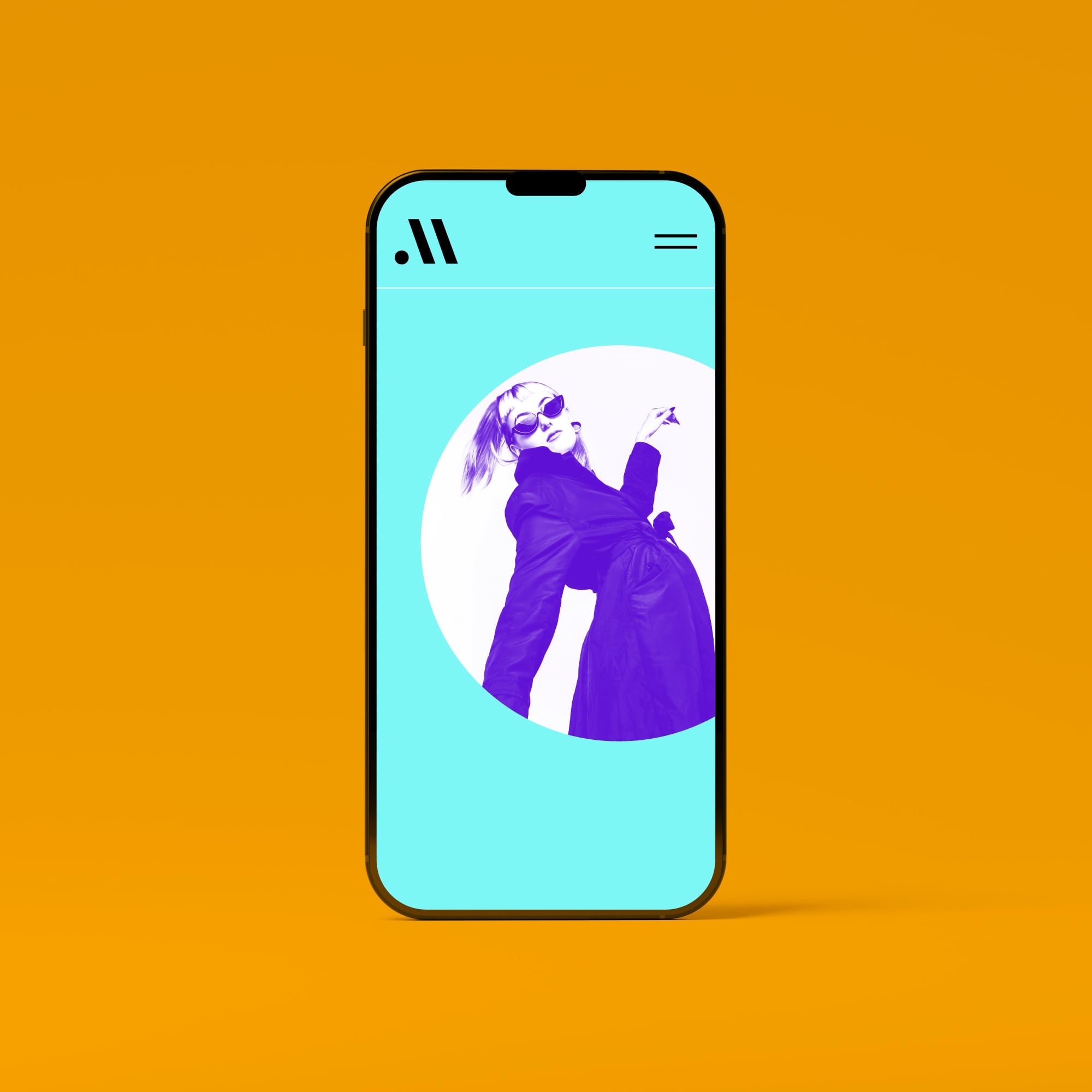iphone mockup showing fashion website teal background purple toned model circular frame amber