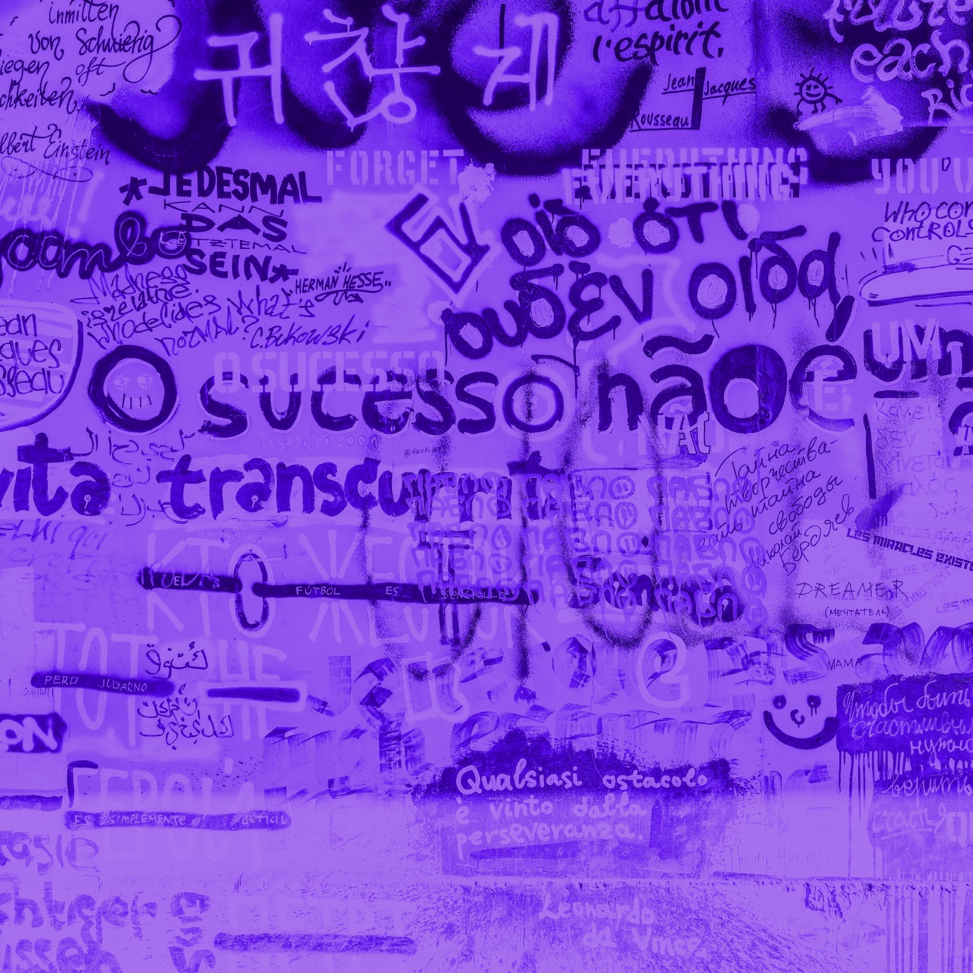 multilingual text quotes on graffiti wall purple toned
