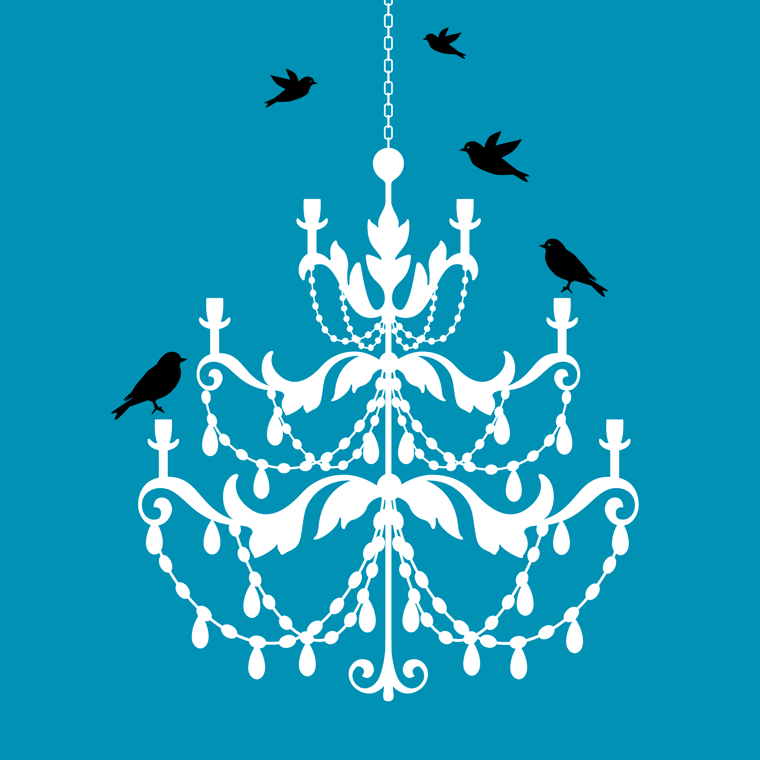 Chandelier illustration with birds on a teal background, used as a poster graphic