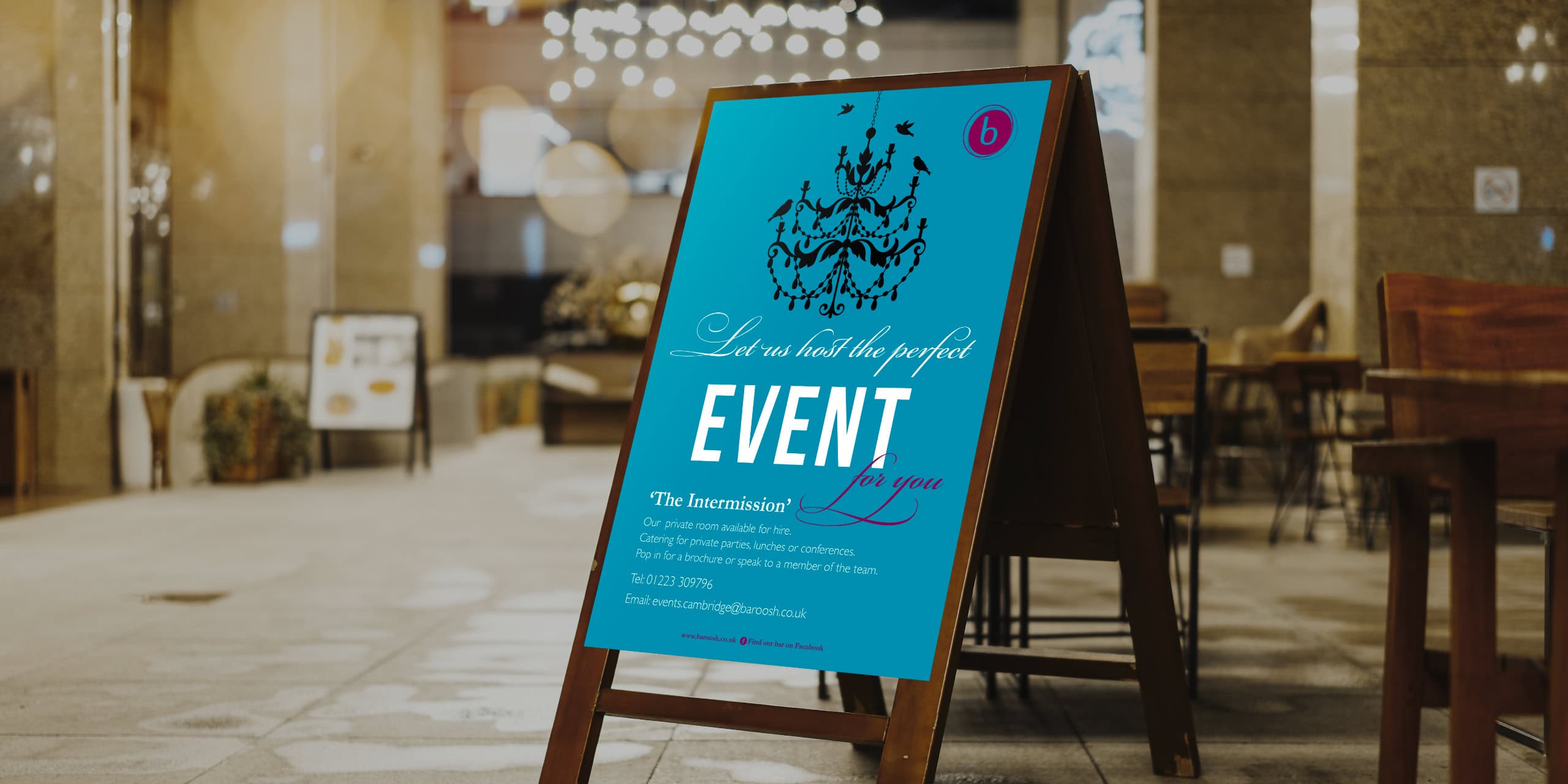 Baroosh event A-board restaurant poster outside the venue