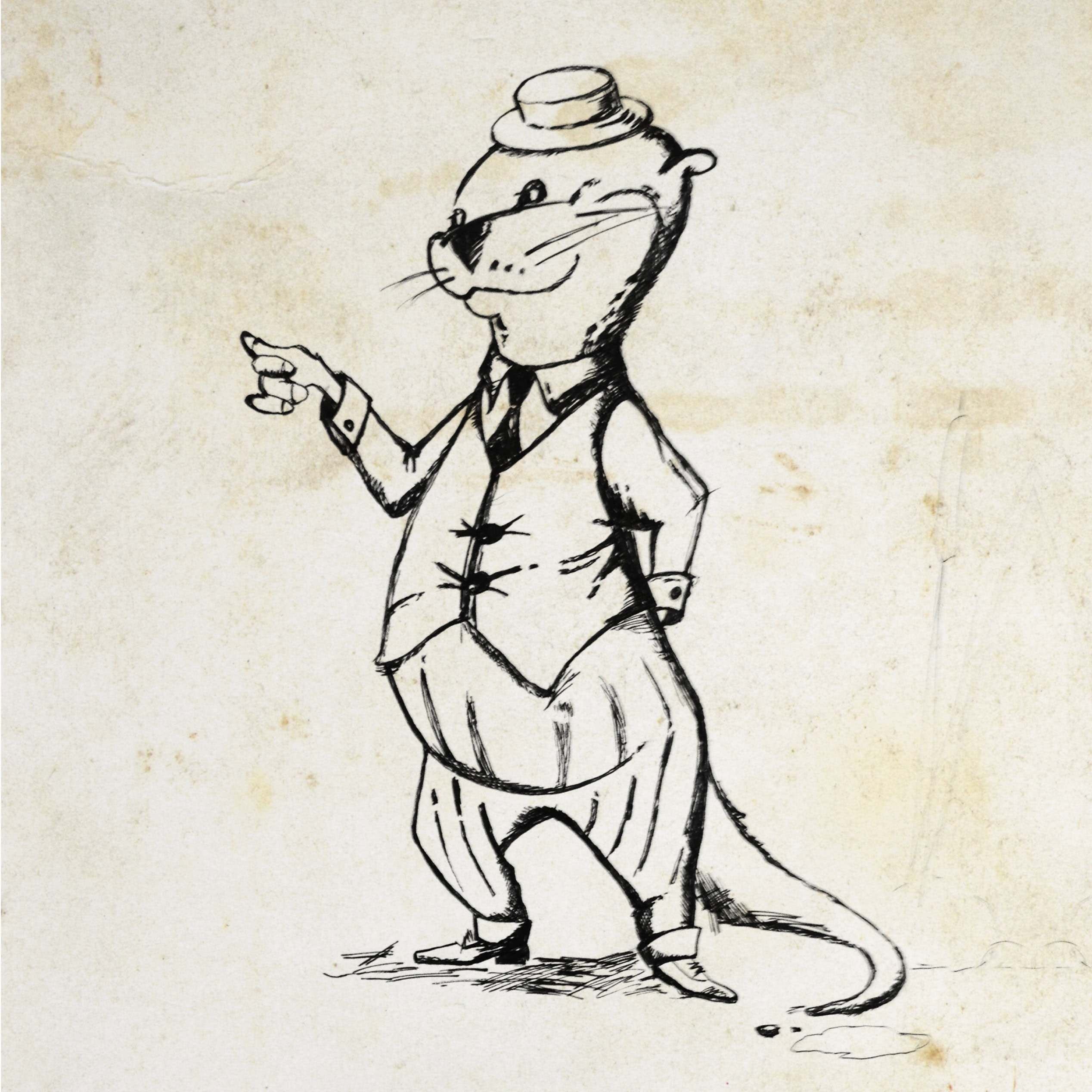 Hand-drawn otter mascot pointing, wearing a hat and waistcoat