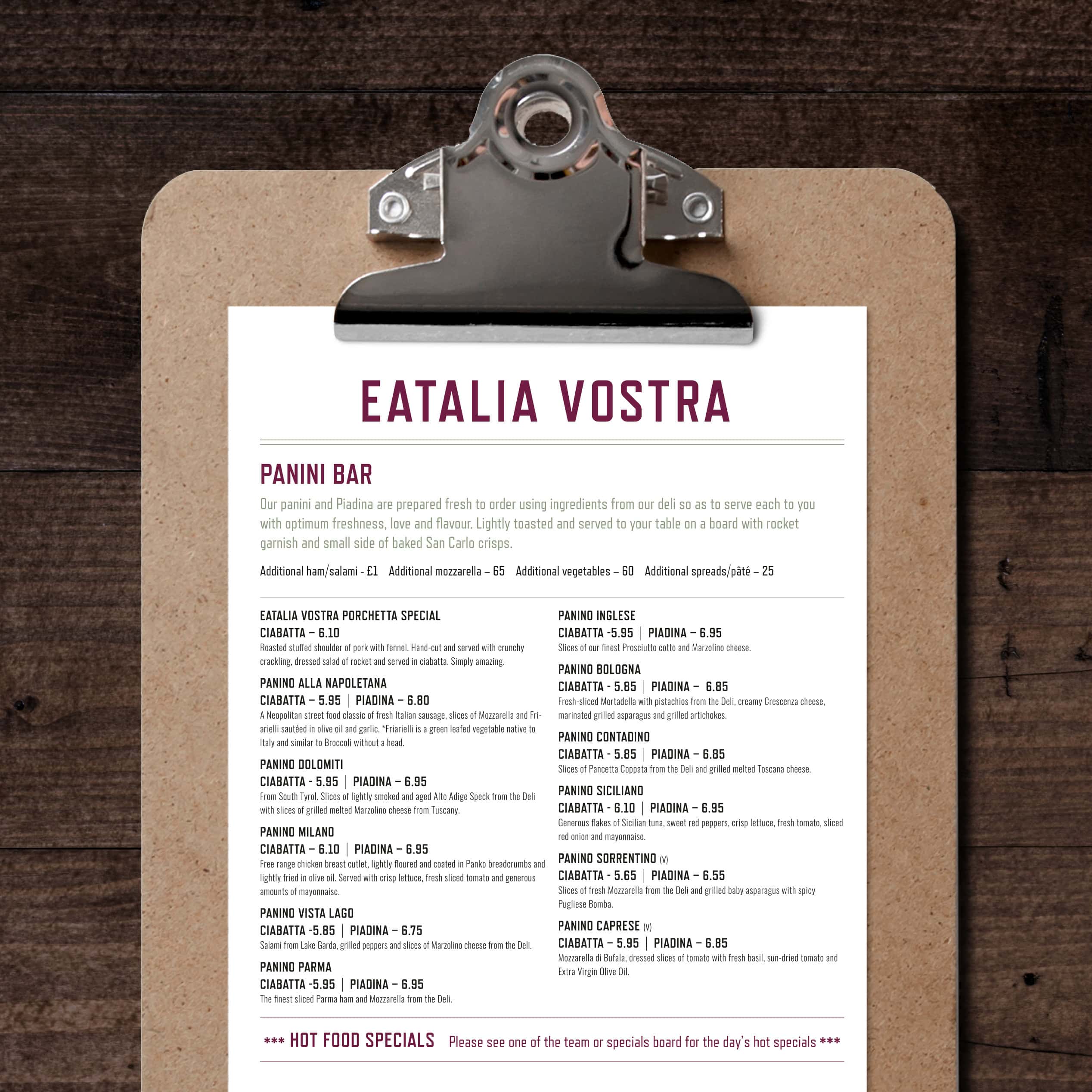 Eatalia Vostra panini bar menu on a clipboard