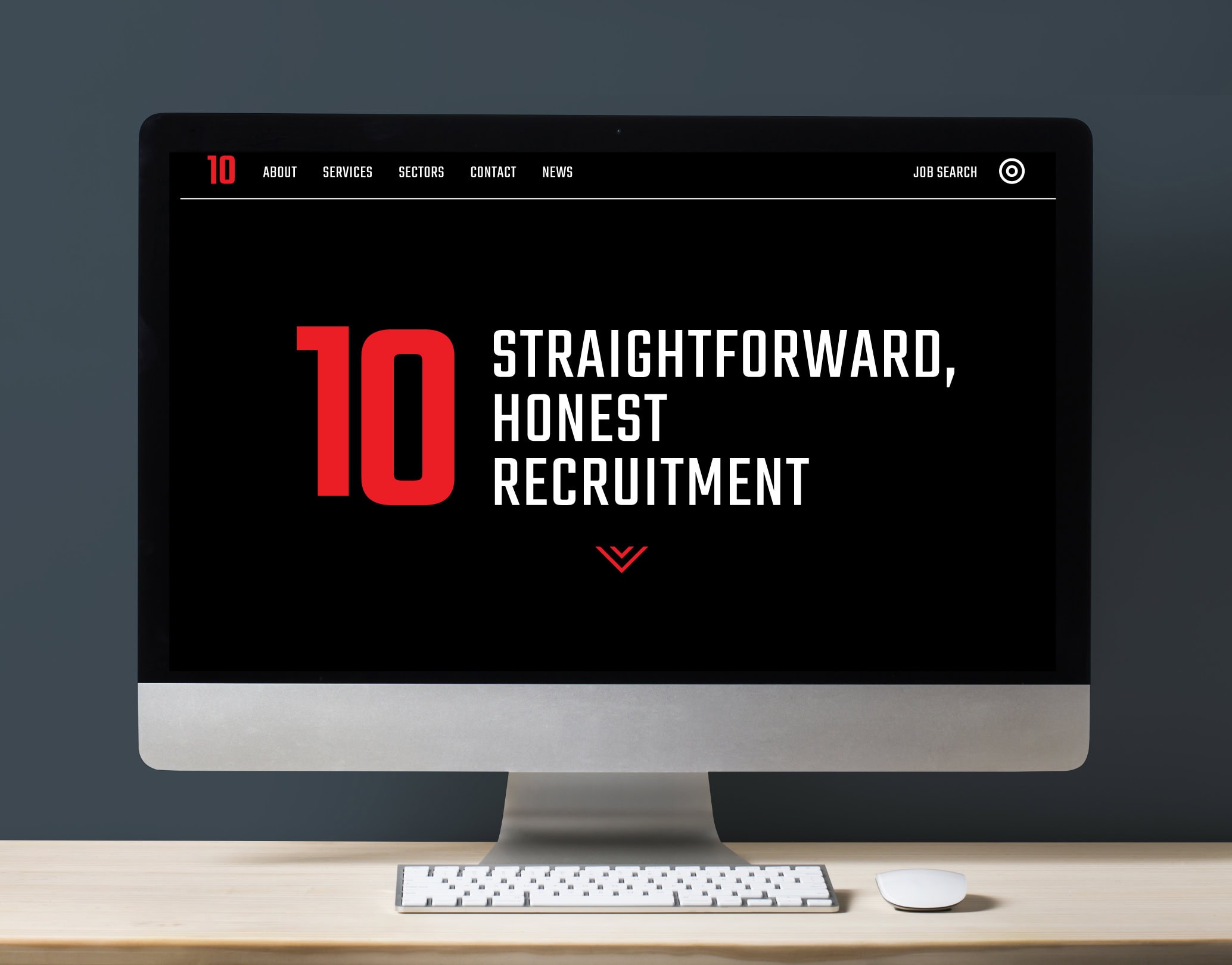 Desktop monitor showing the Red10 recruitment website homepage with bold red “10” branding and the headline “Straightforward, honest recruitment”