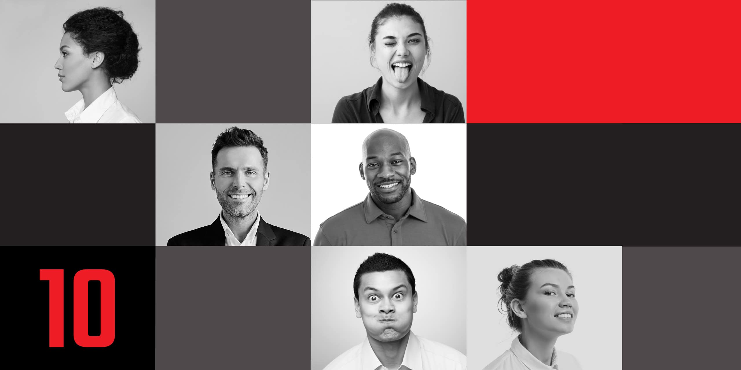 Grid of black-and-white portraits with a red accent block and Red10 “10” branding