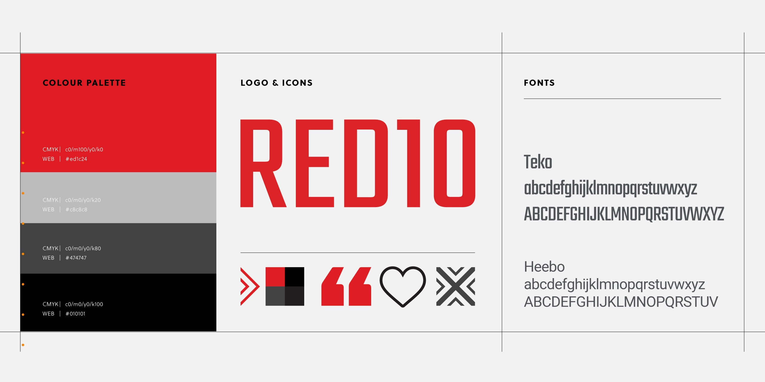Red10 brand guidelines showing colour palette, logo and icons, plus typography samples