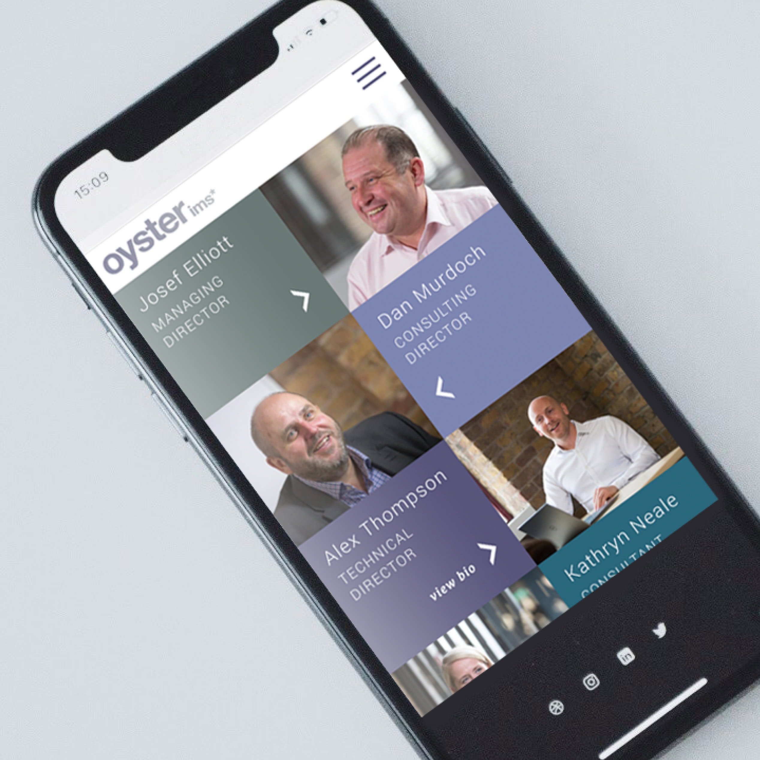 Mobile screen showing the Oyster IMS team grid
