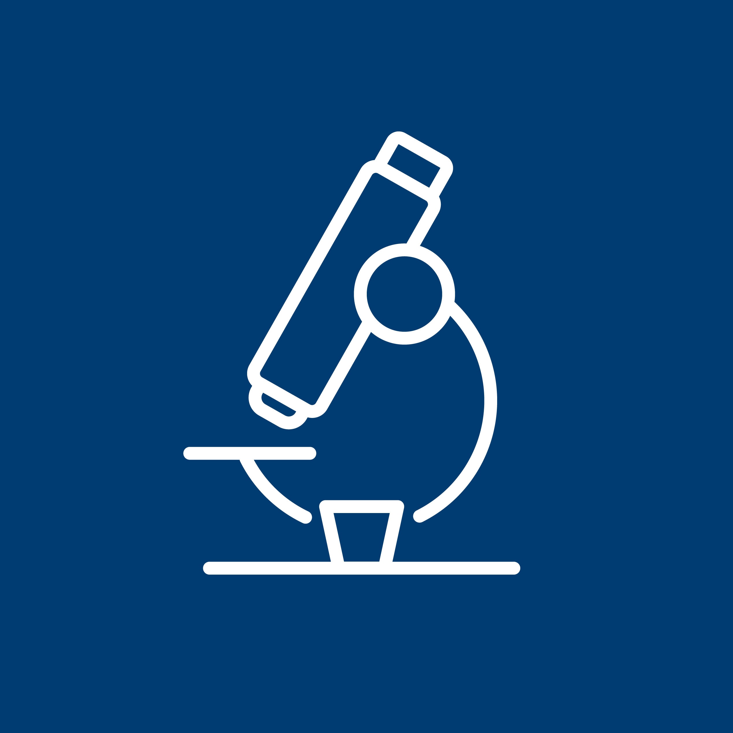 White line icon of a microscope on a blue background
