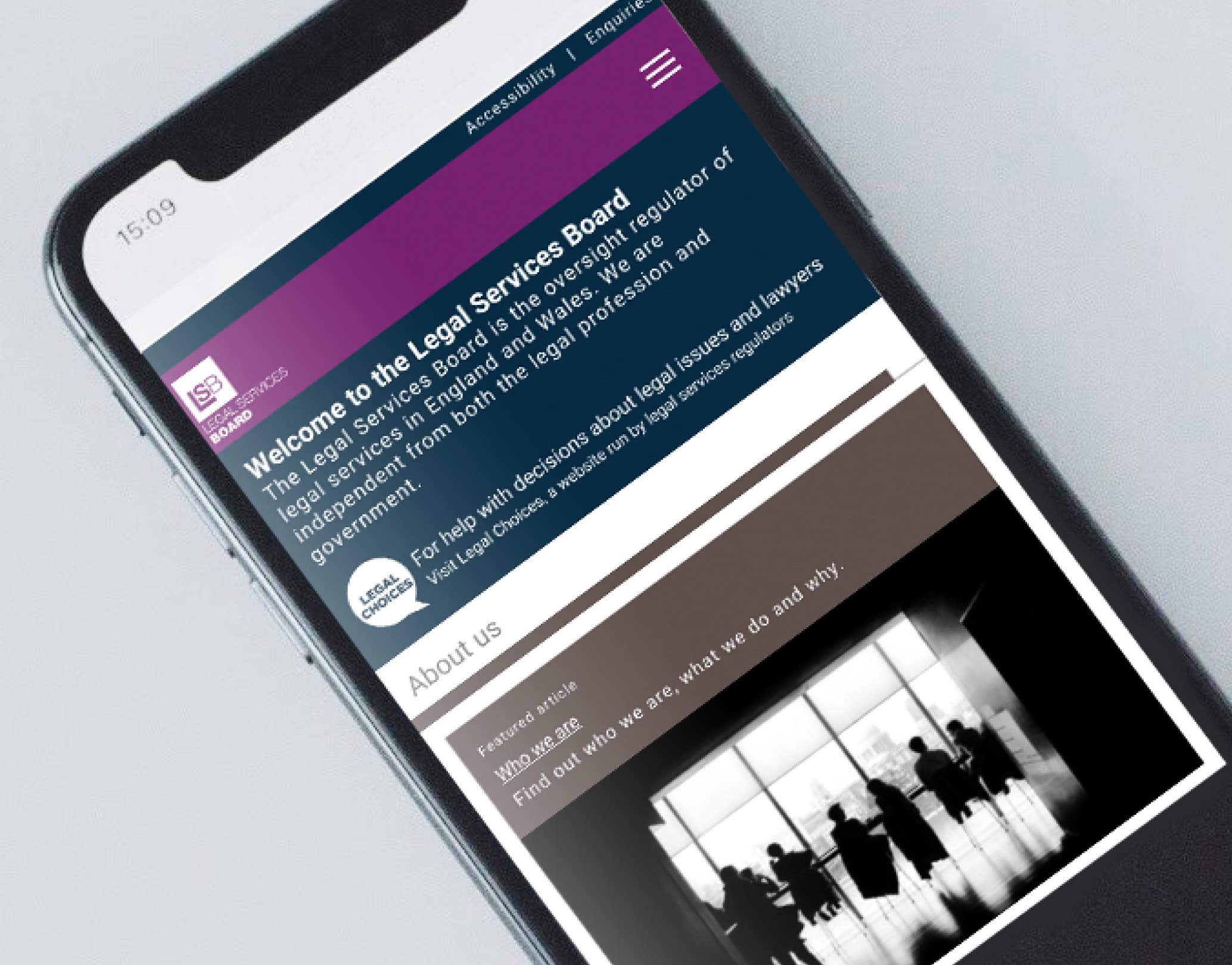 Mobile view of the Legal Services Board website homepage on a smartphone.