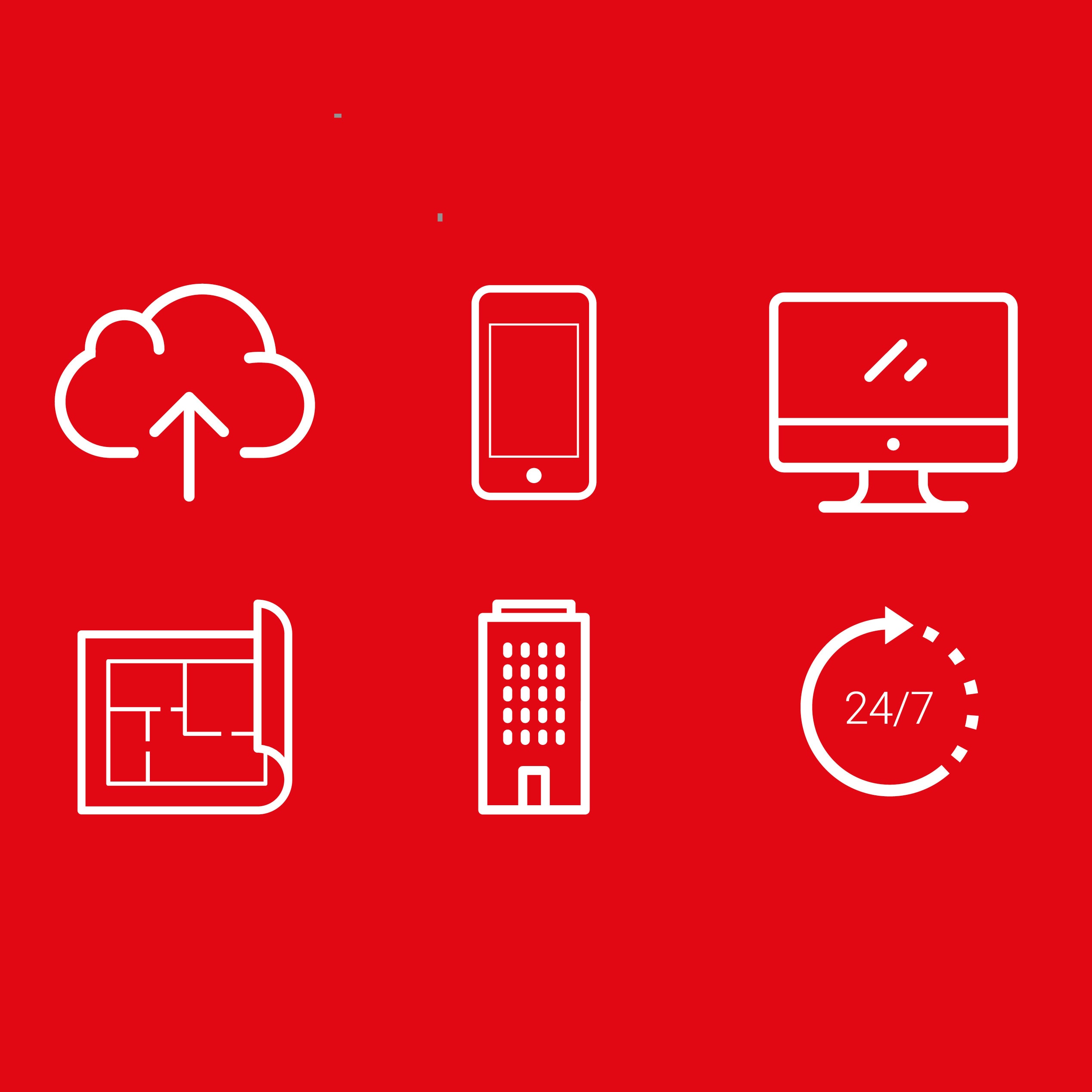White line service icons on a red background, including cloud, phone, desktop and 24/7