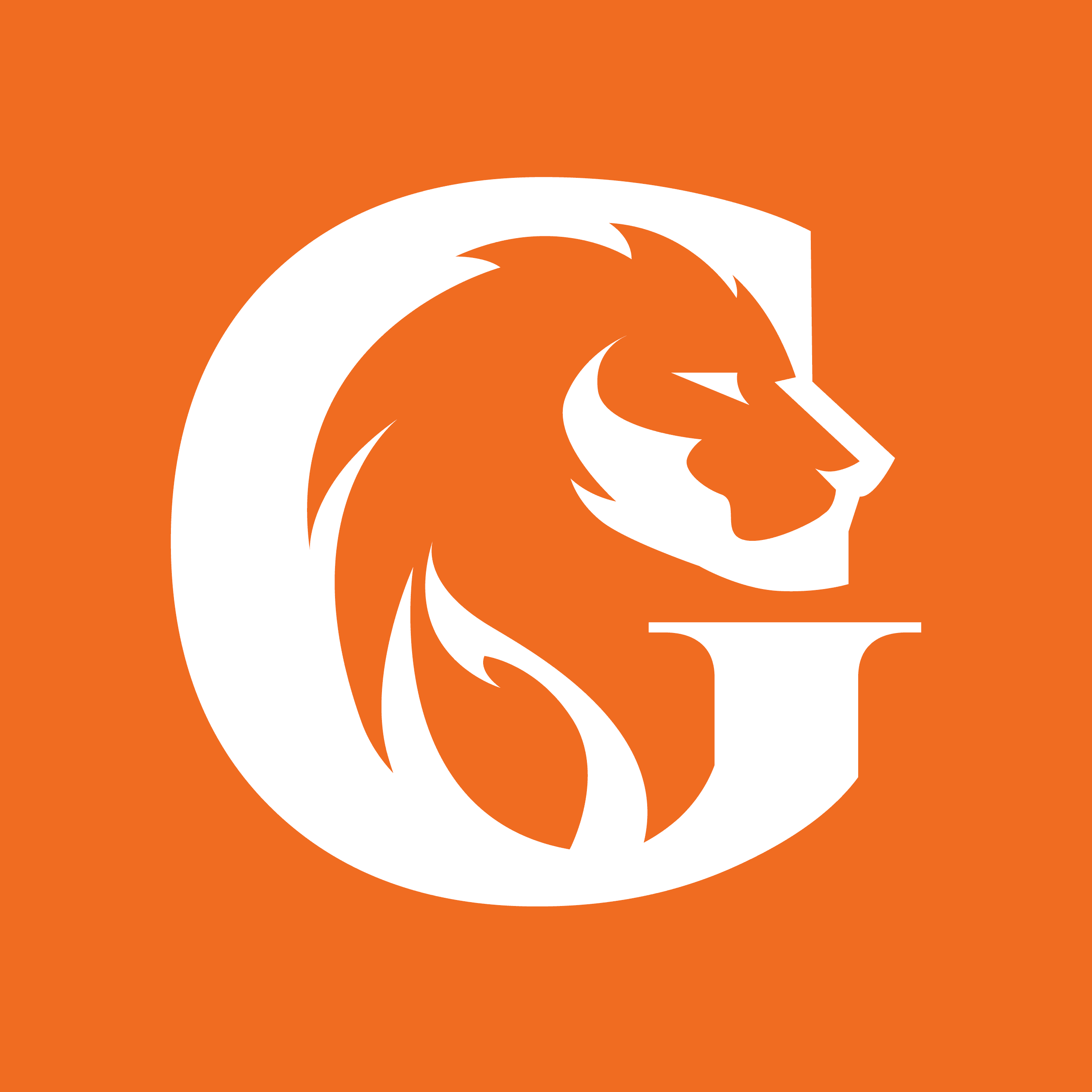 White lion head inside a “G” icon on an orange background