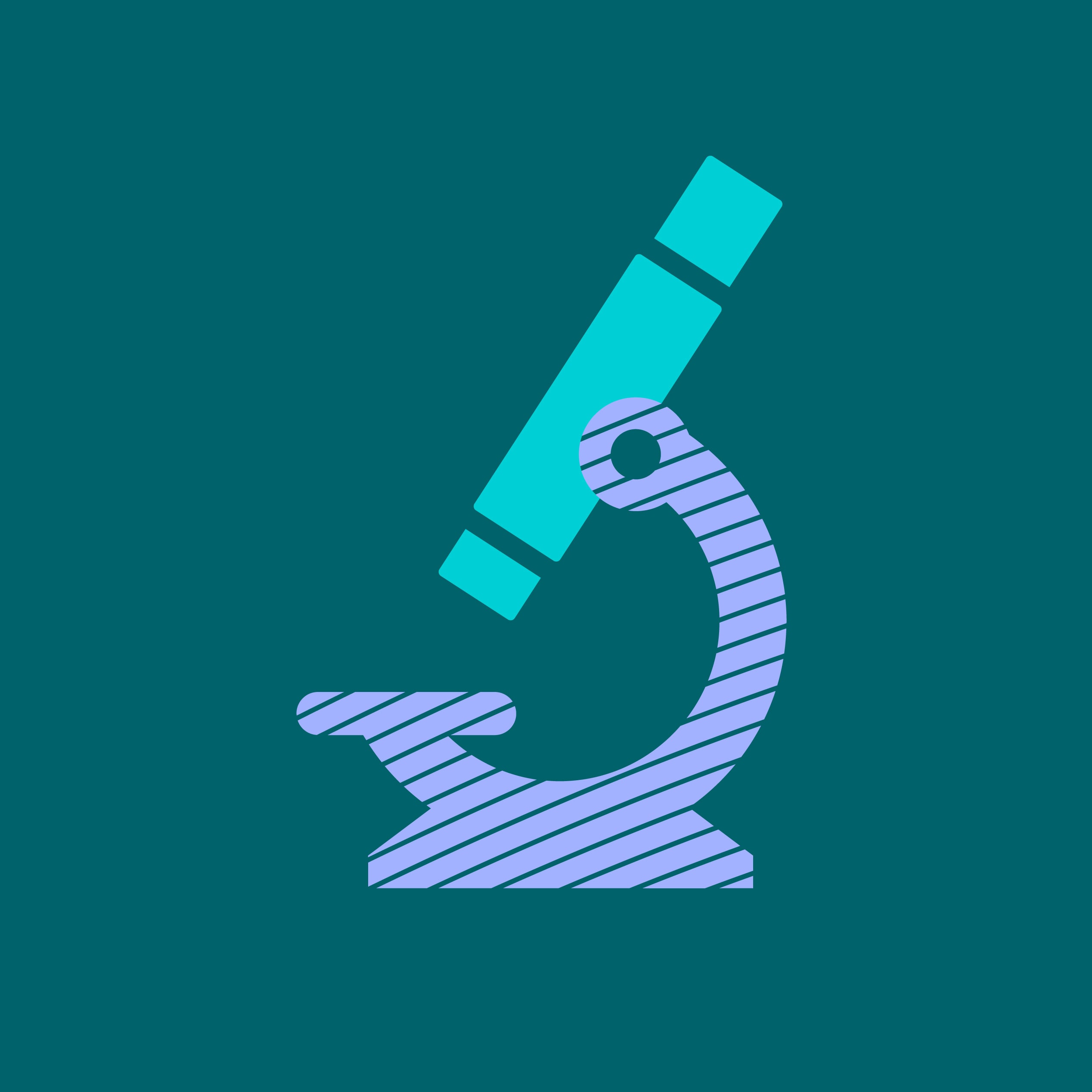 Stylised microscope icon in teal and purple on a dark teal background.