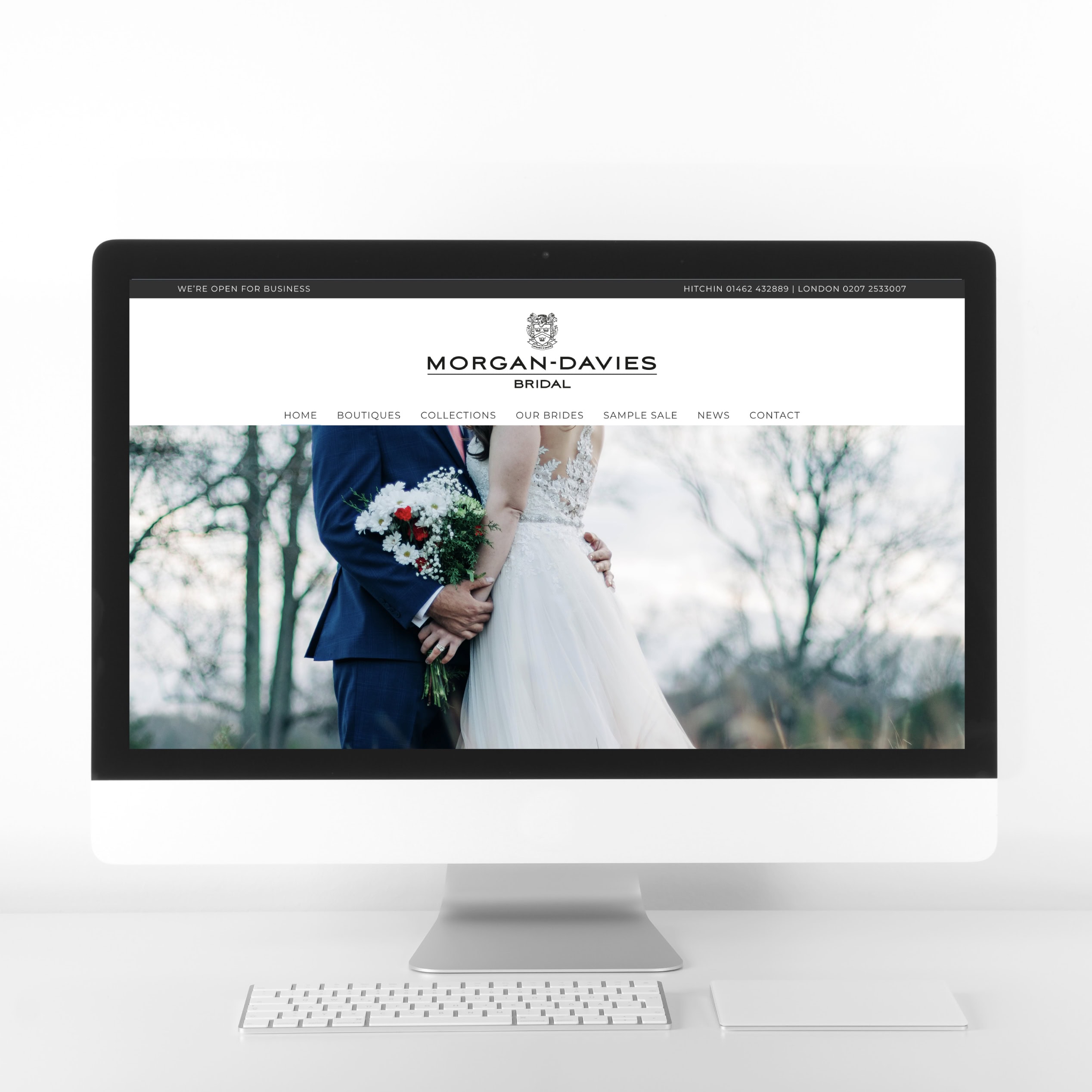 Morgan Davies Bridal website shown on a desktop monitor