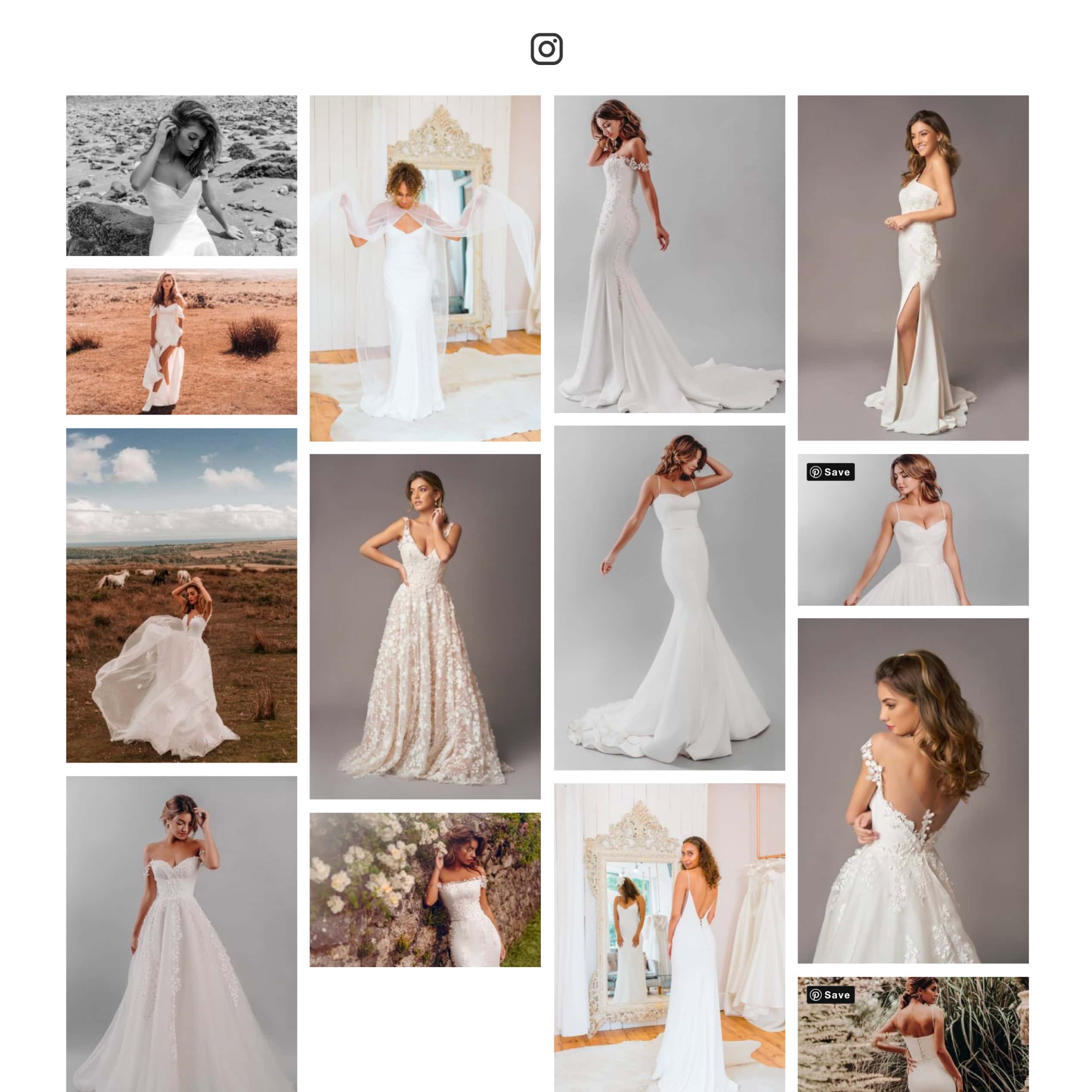 Instagram-style grid of bridal gown photography and styling shots
