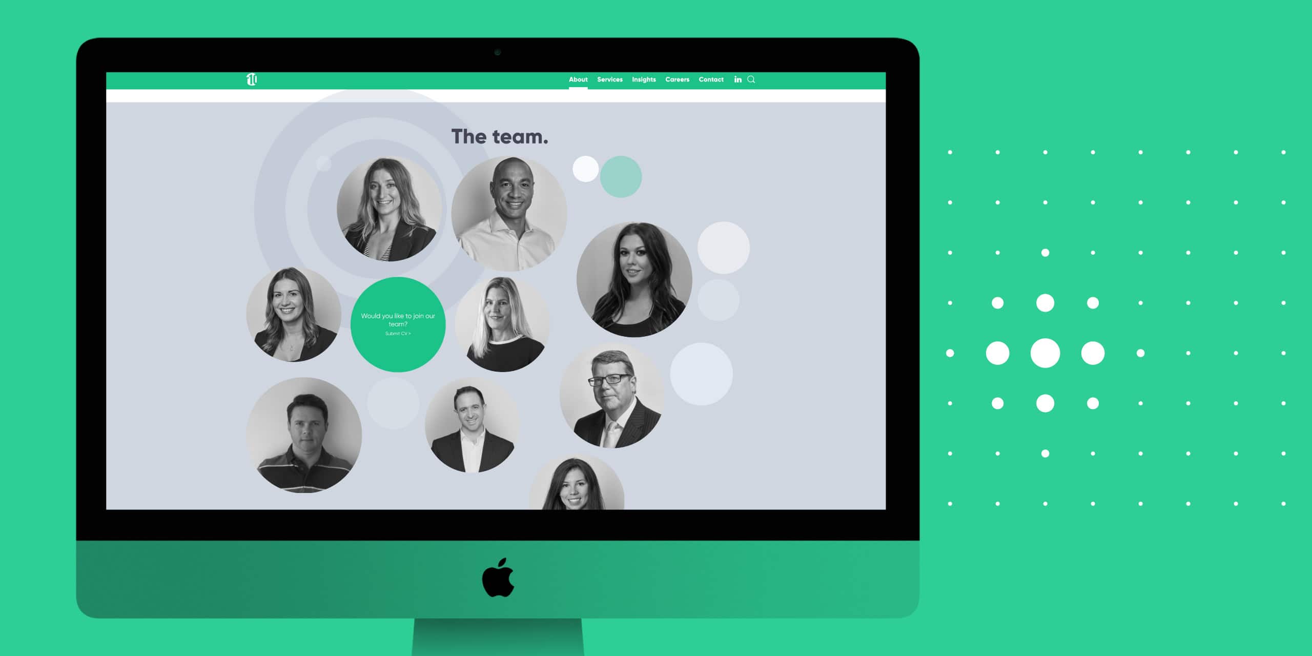 iMac mockup showing the r10 team page with circular staff portraits