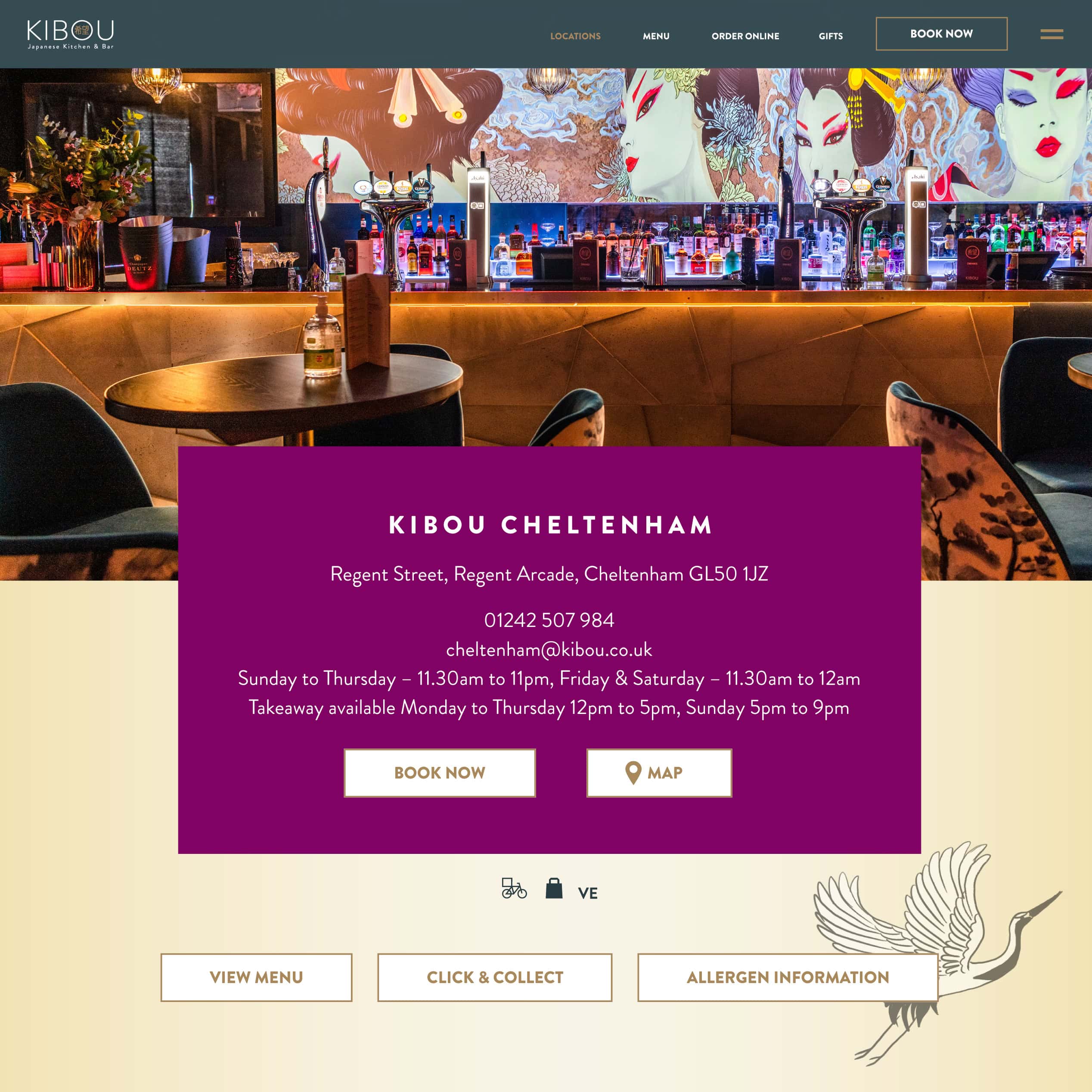 KIBOU location page layout with booking calls to action