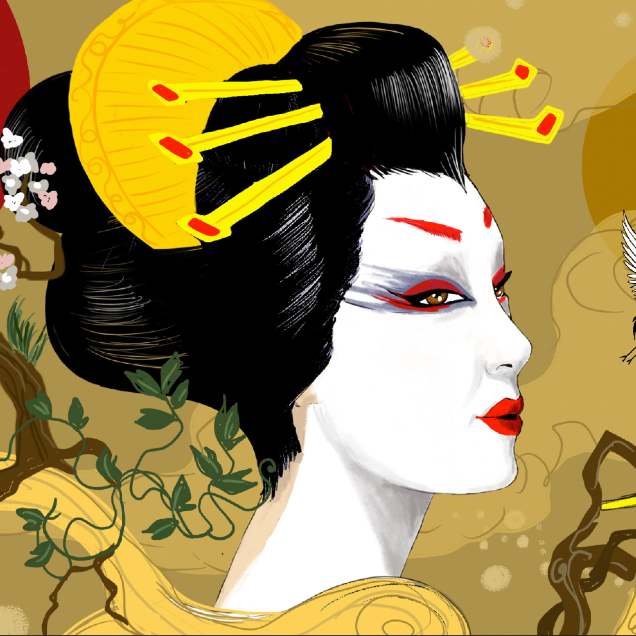 Vibrant illustration of a Chinese woman's white-painted face wearing traditional headdress.