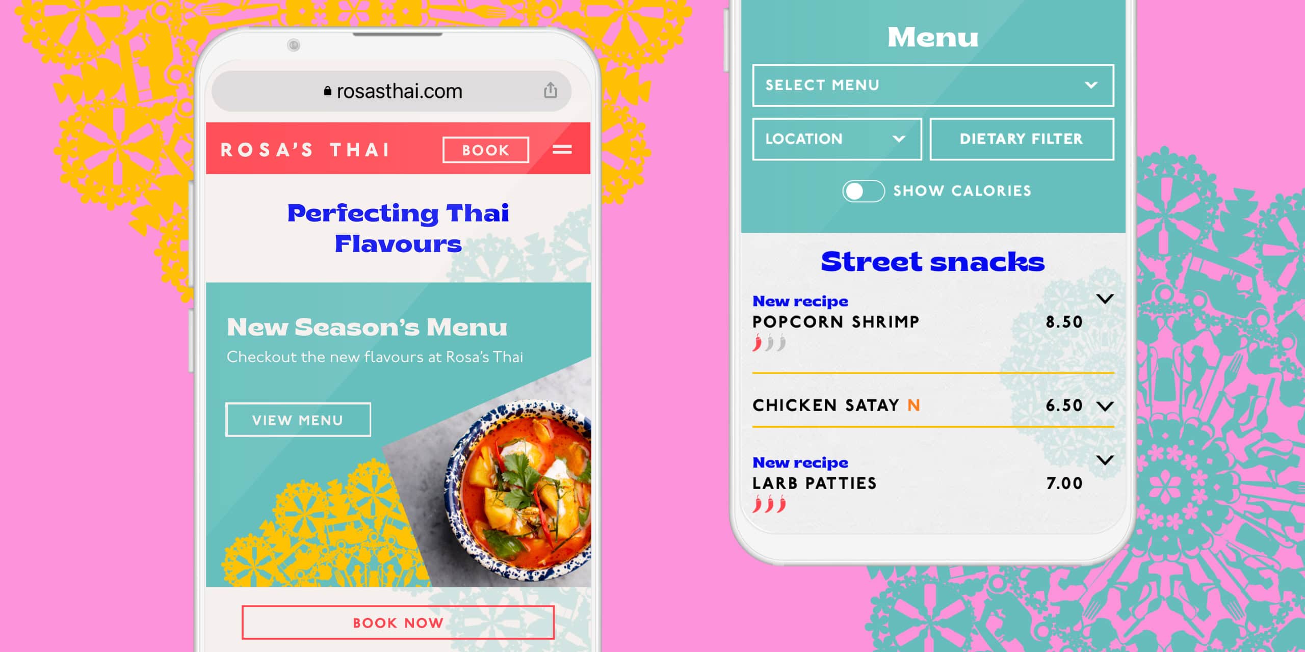 Rosa’s Thai mobile website and menu filters