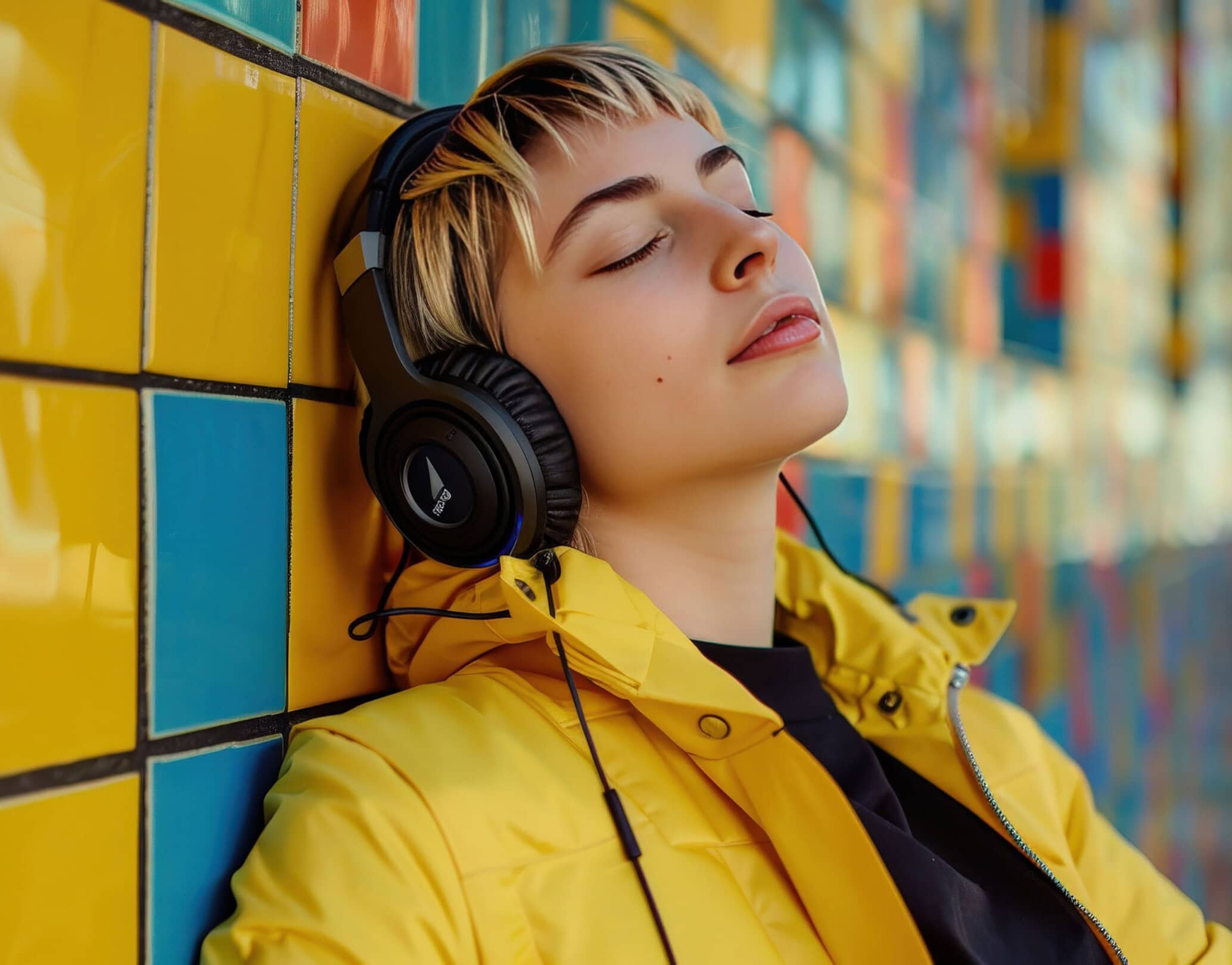 Woman wearing a yellow coat leaning against a tiled outdoor wall listening to headphones