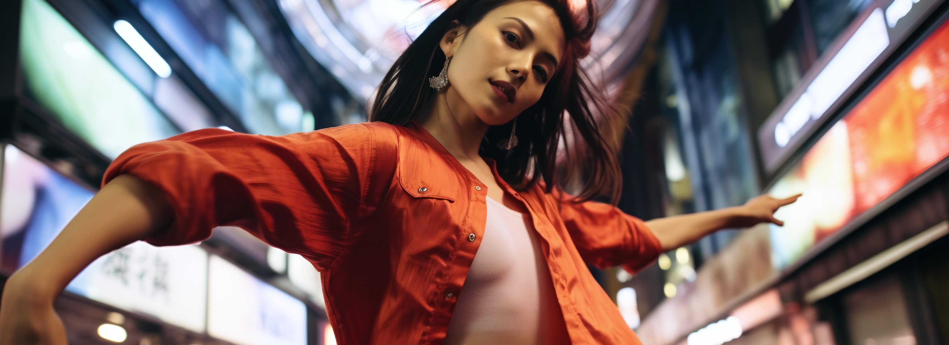 Dancer in red on a neon-lit street