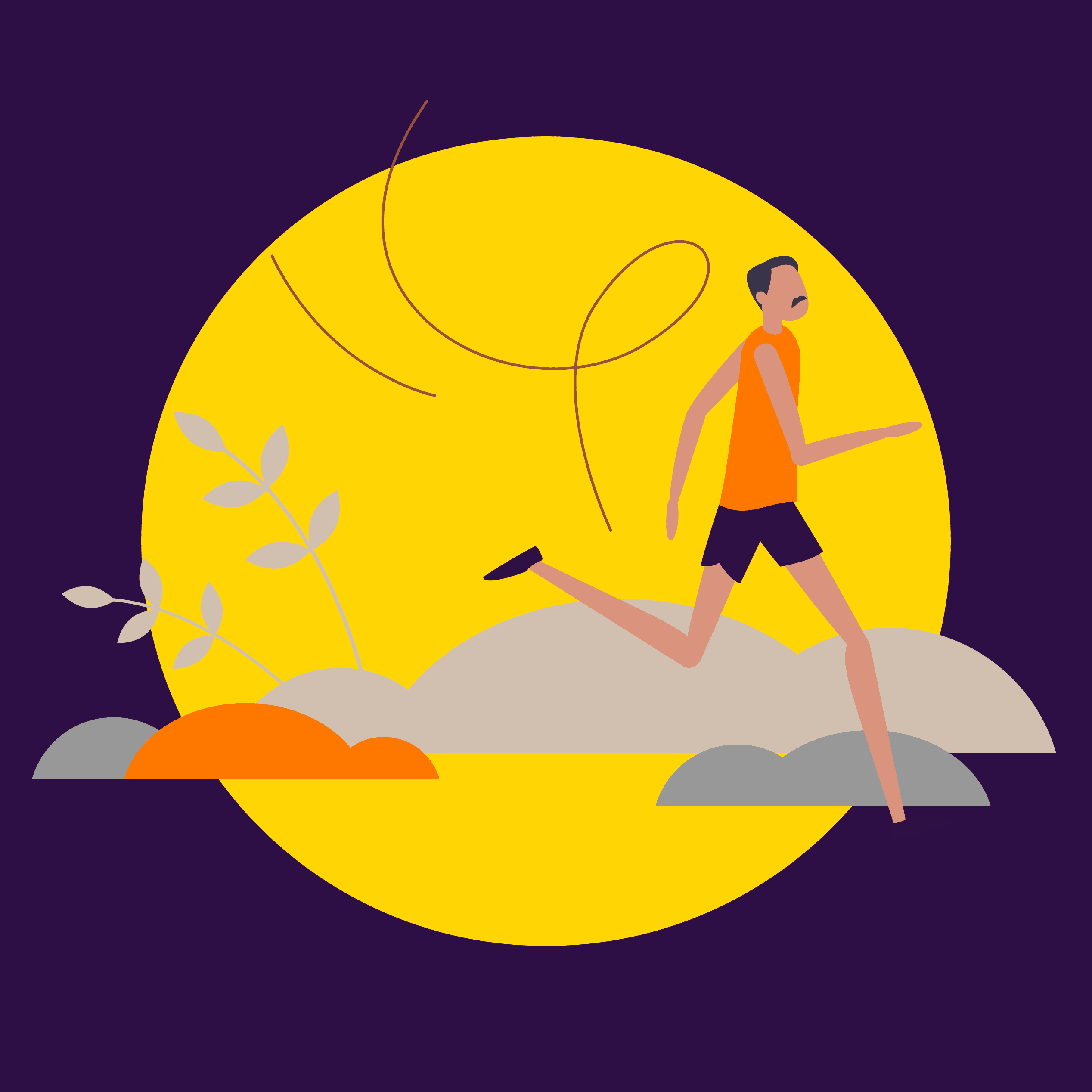 Illustration of a runner in front of a large yellow sun on a purple background