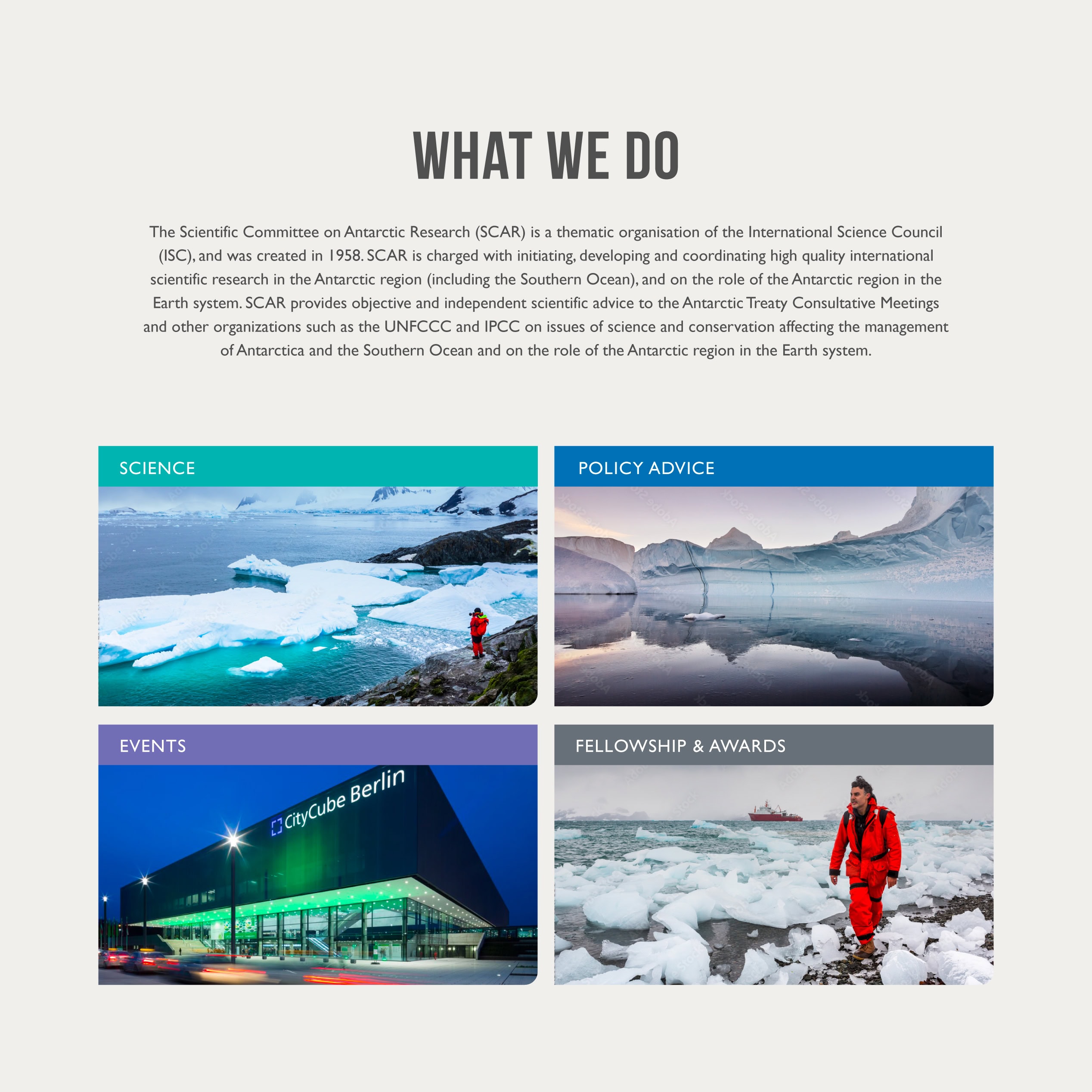 “What we do” page section describing SCAR, with four image tiles for Science, Policy advice, Events and Fellowship & awards.