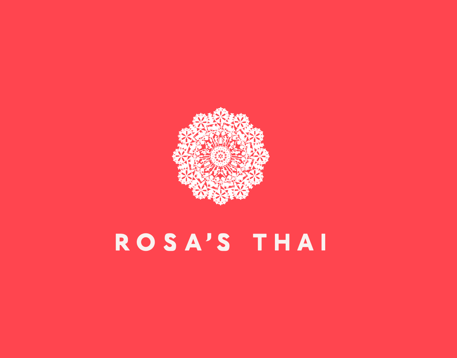 Rosa’s Thai logo in white on a coral background, with an ornate circular emblem above the wordmark.