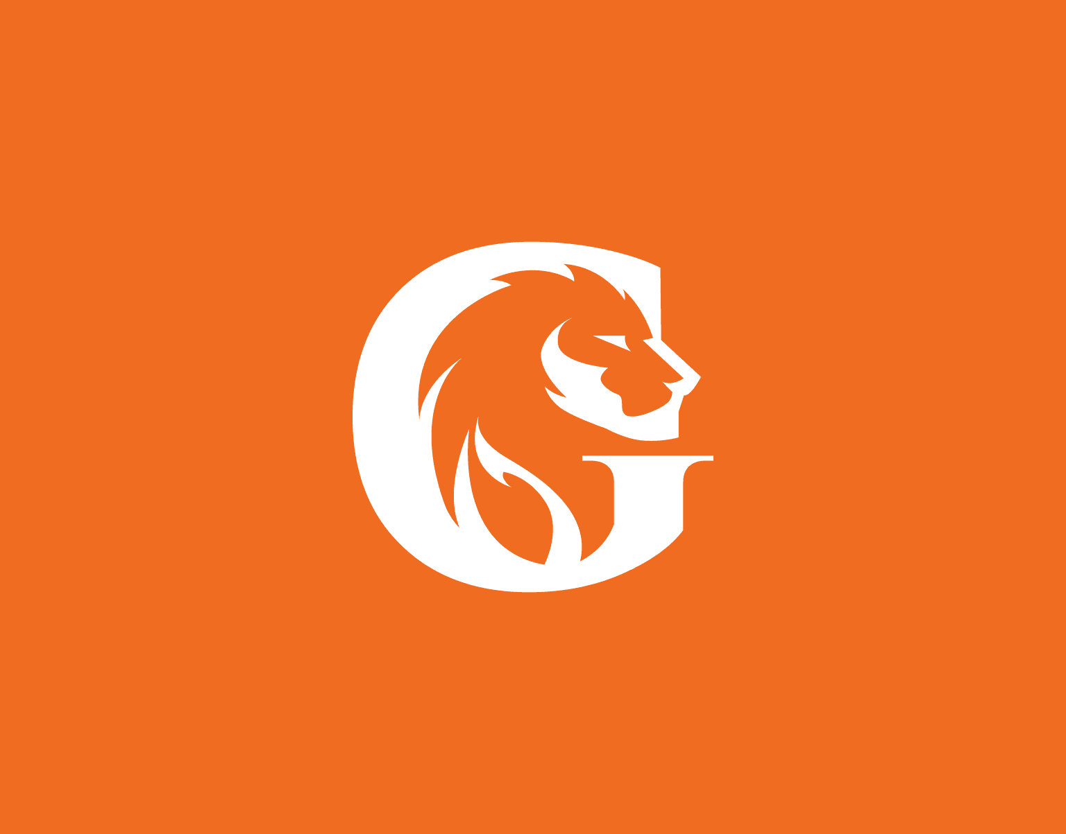 White lion head monogram inside a capital “G” on an orange background.
