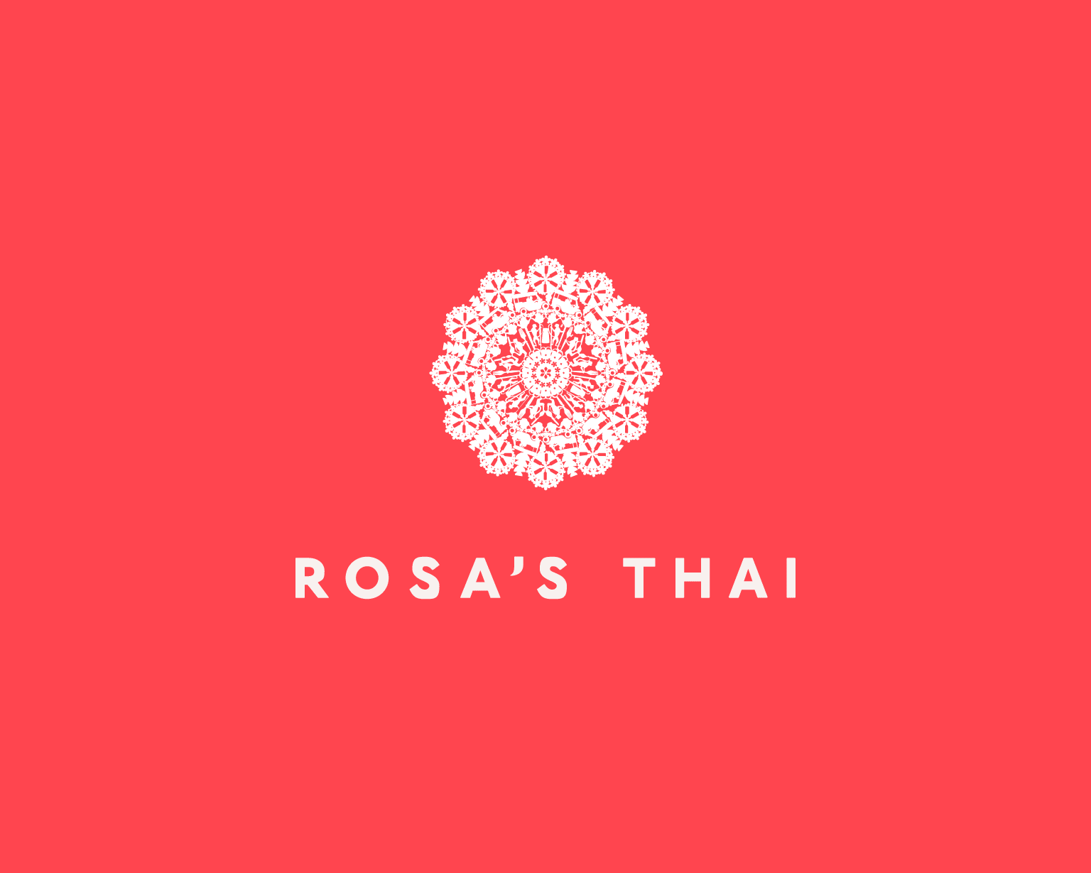 Rosa’s Thai logo in white on a coral background, with an ornate circular emblem above the wordmark.