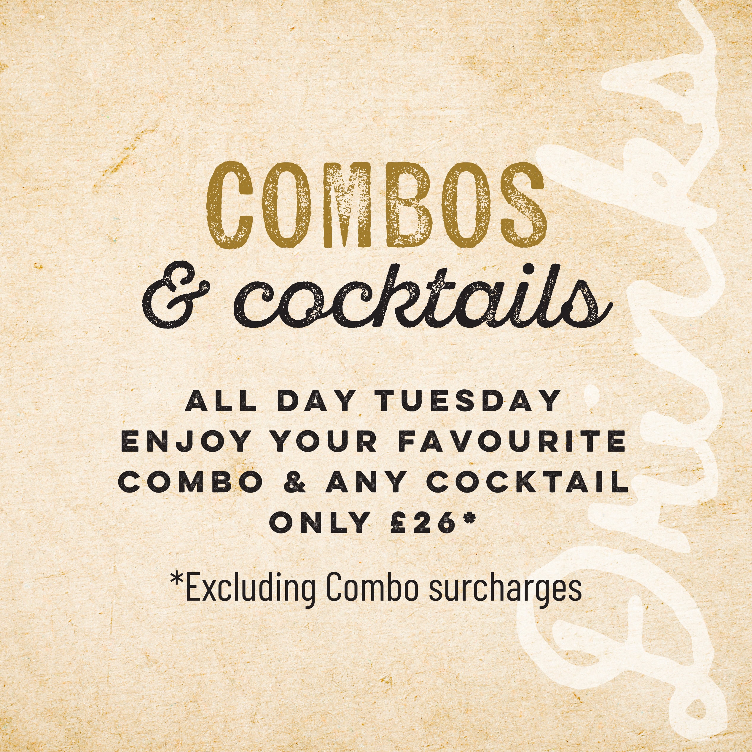 Craft & Cleaver ‘Combos & cocktails’ promotion graphic with all day Tuesday offer
