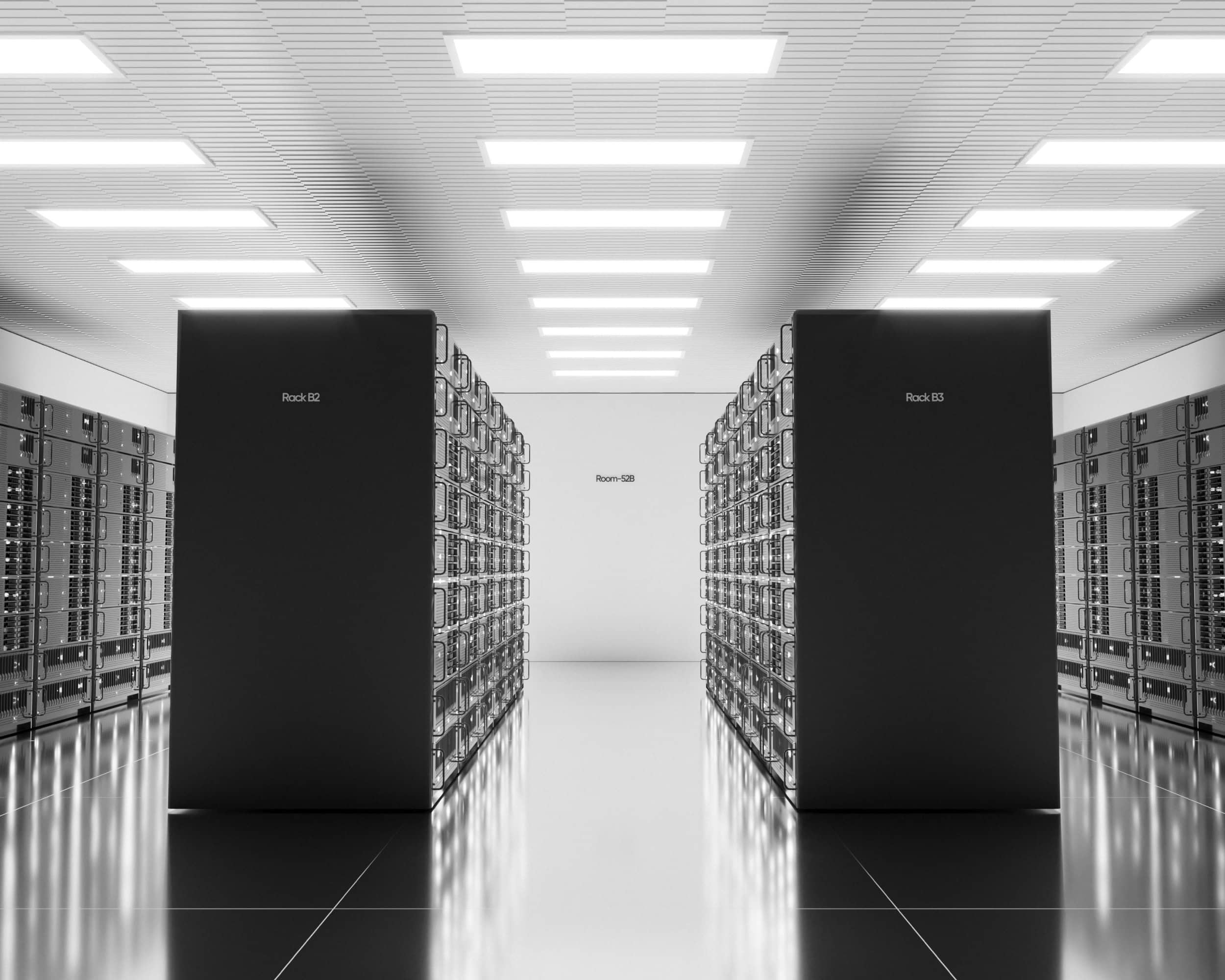 A modern data centre with rows of server racks and two large cabinets labelled Rack B2 and Rack B3.